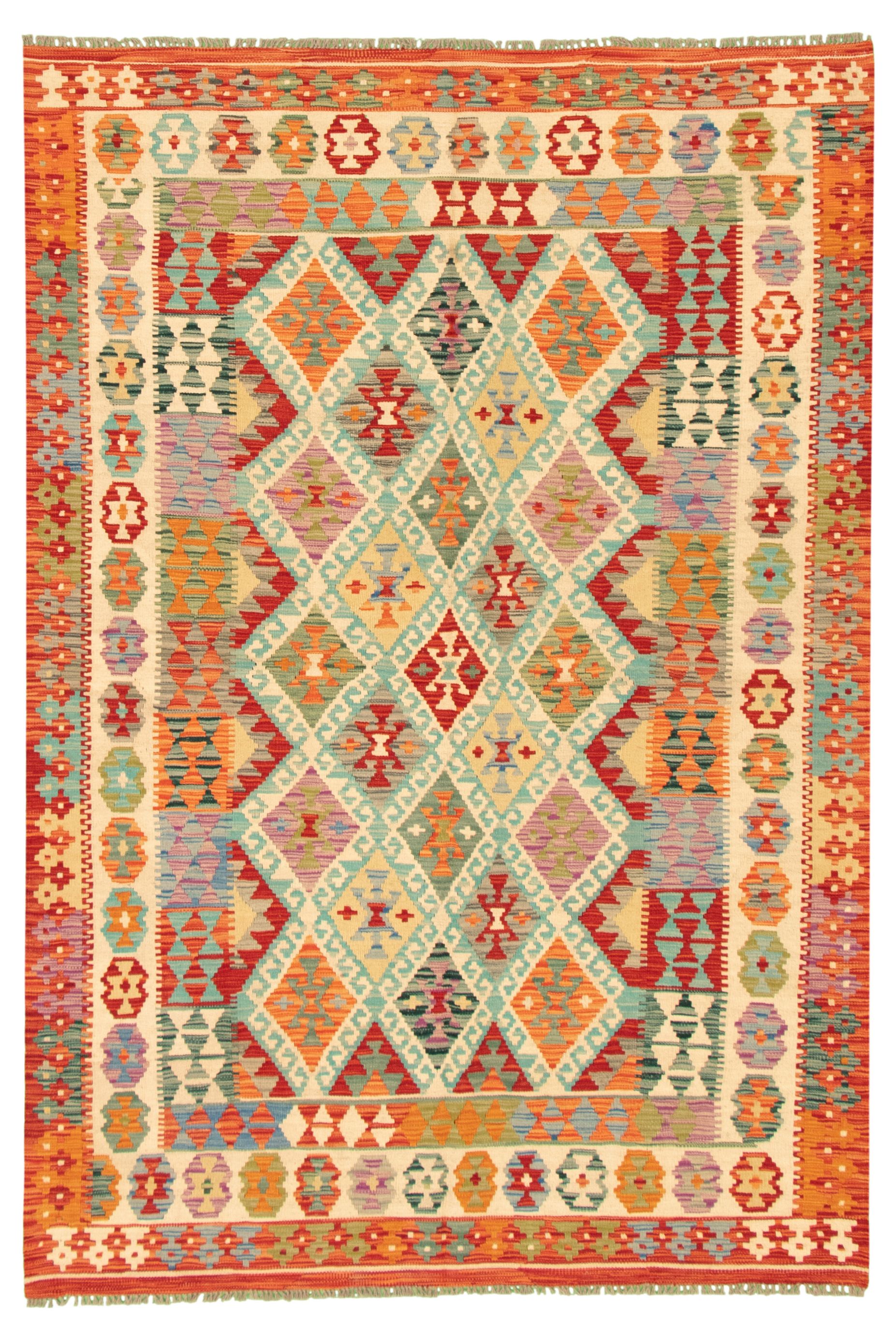 Hand woven Bold and Colorful  Ivory, Red Wool Kilim 5'6" x 8'1" Size: 5'6" x 8'1"  