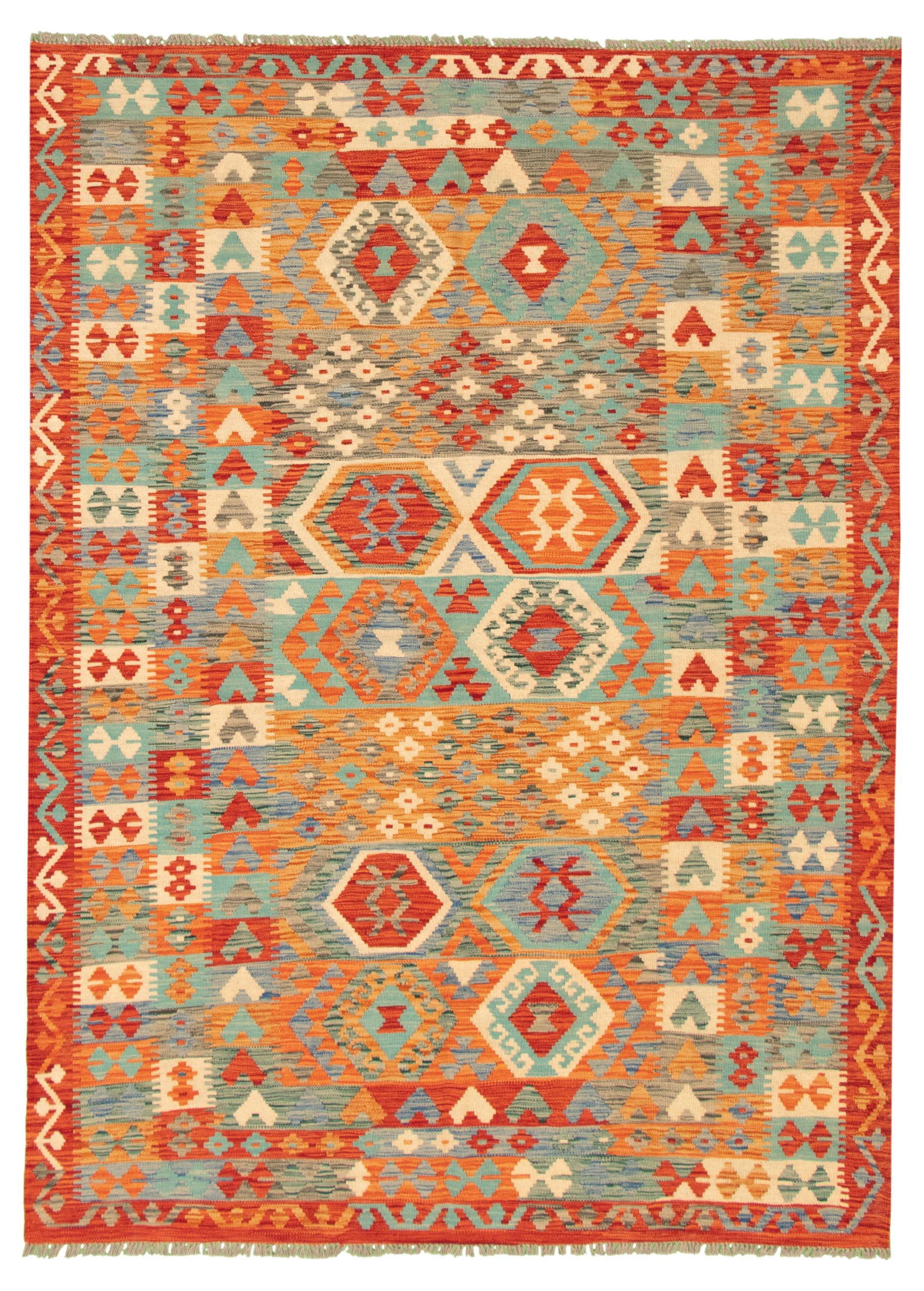 Hand woven Bold and Colorful  Ivory, Red Wool Kilim 6'0" x 8'2" Size: 6'0" x 8'2"  