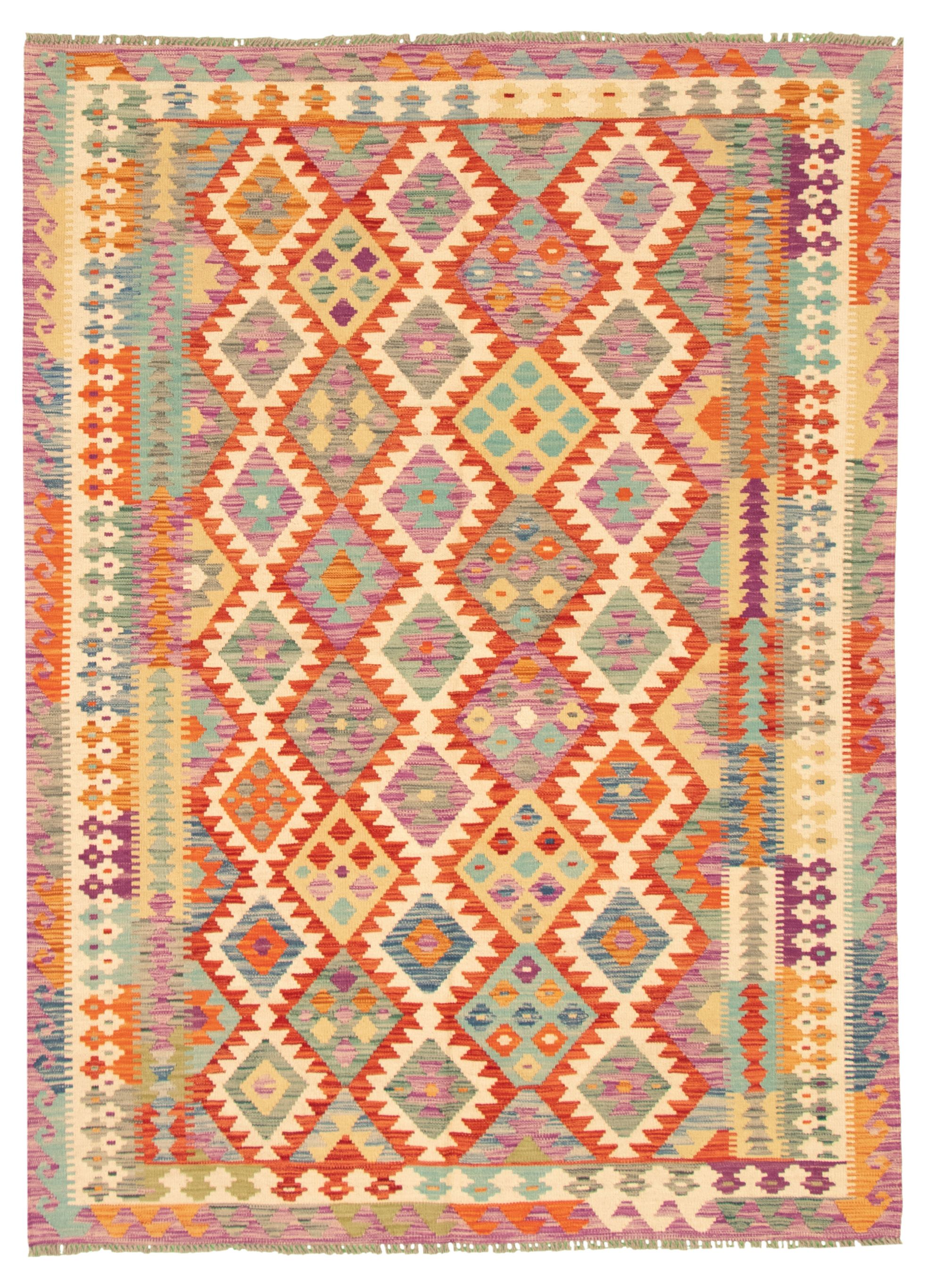 Hand woven Bold and Colorful  Ivory Wool Kilim 5'8" x 7'10" Size: 5'8" x 7'10"  