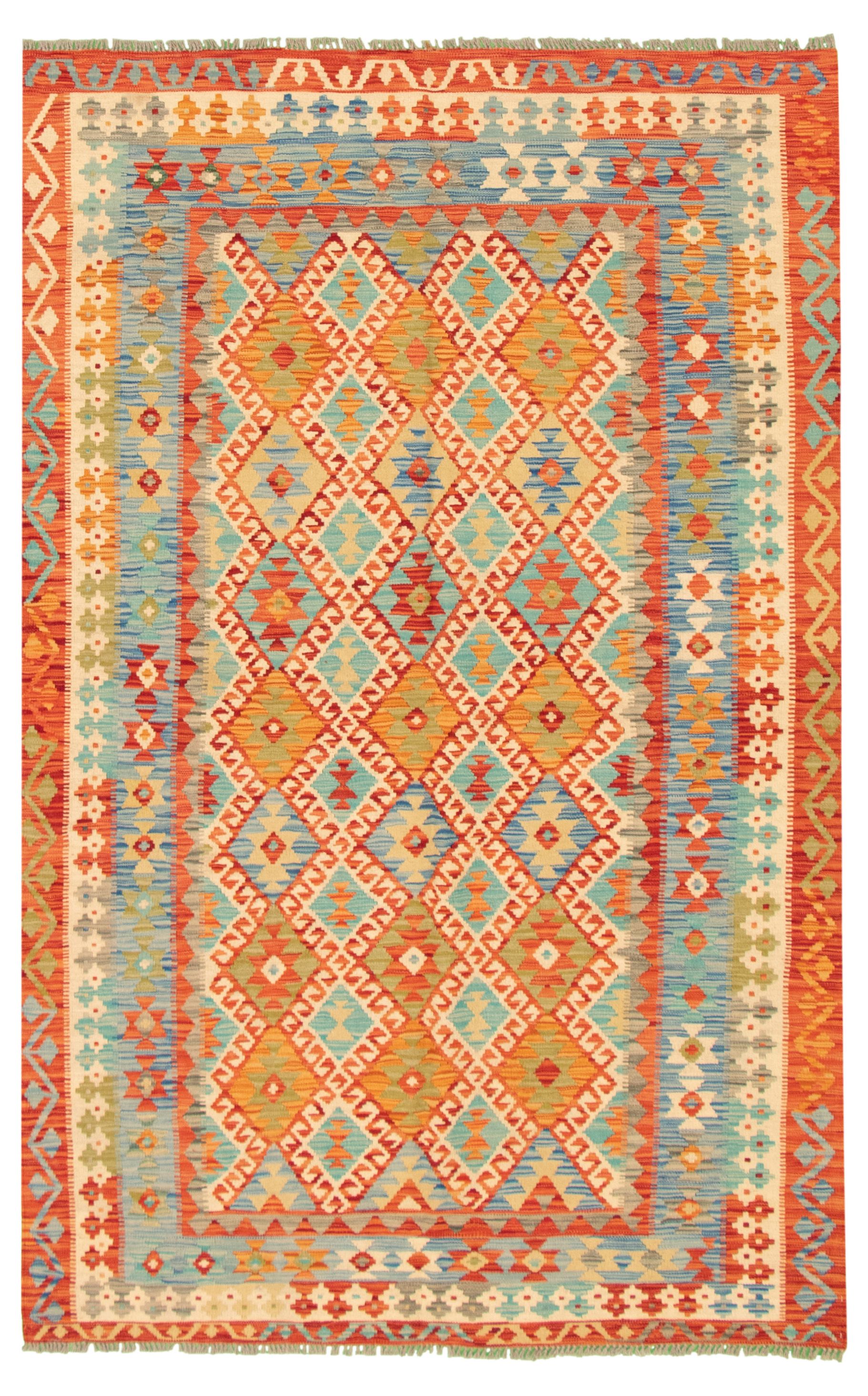 Hand woven Bold and Colorful  Ivory, Red Wool Kilim 5'6" x 8'6" Size: 5'6" x 8'6"  