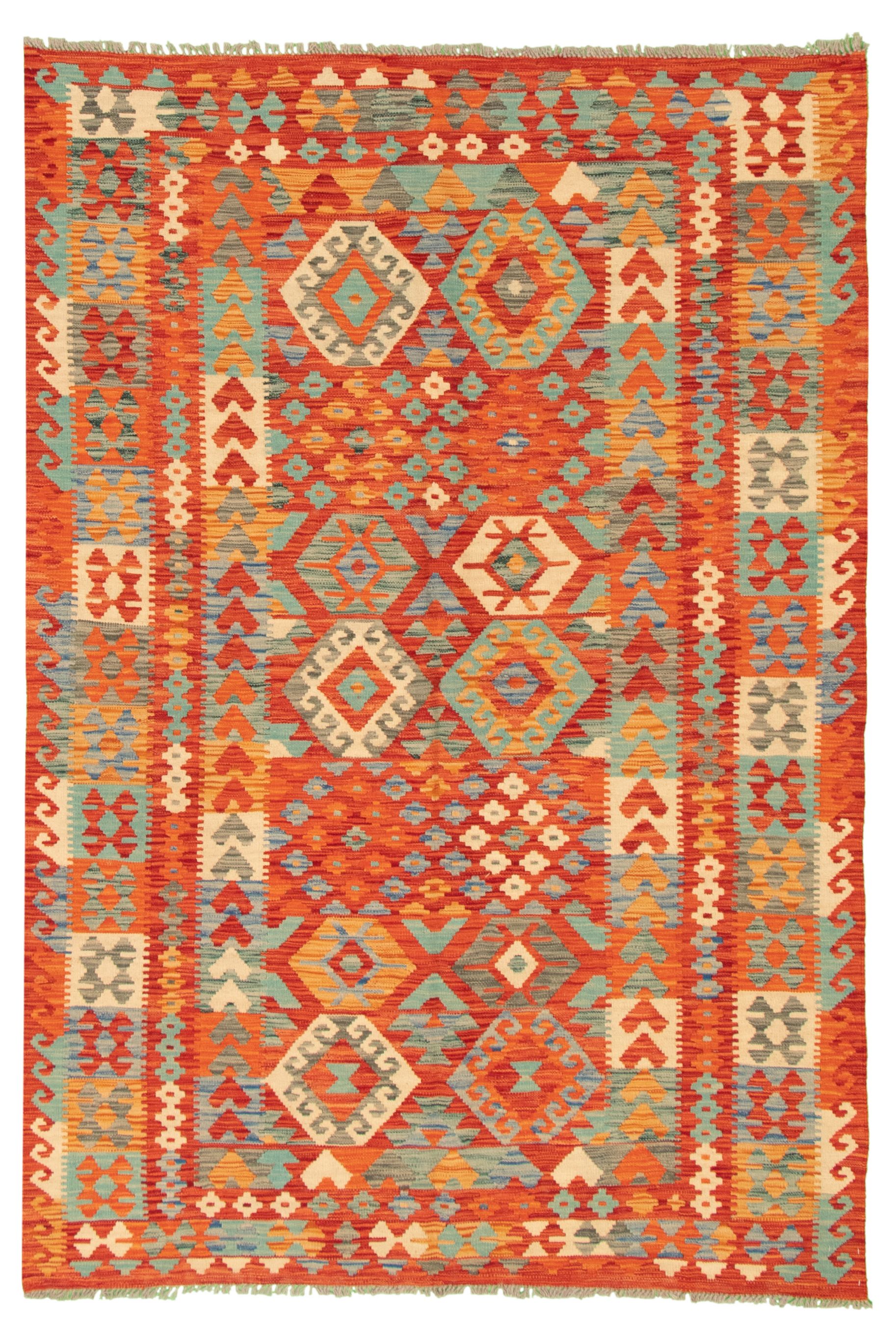 Hand woven Bold and Colorful  Red Wool Kilim 5'7" x 8'0" Size: 5'7" x 8'0"  