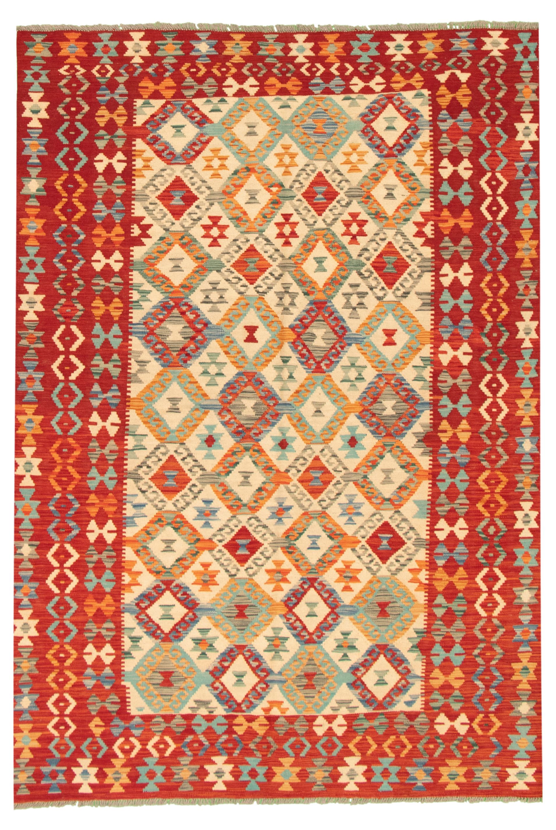 Hand woven Bold and Colorful  Dark Red, Ivory Wool Kilim 5'8" x 8'3" Size: 5'8" x 8'3"  