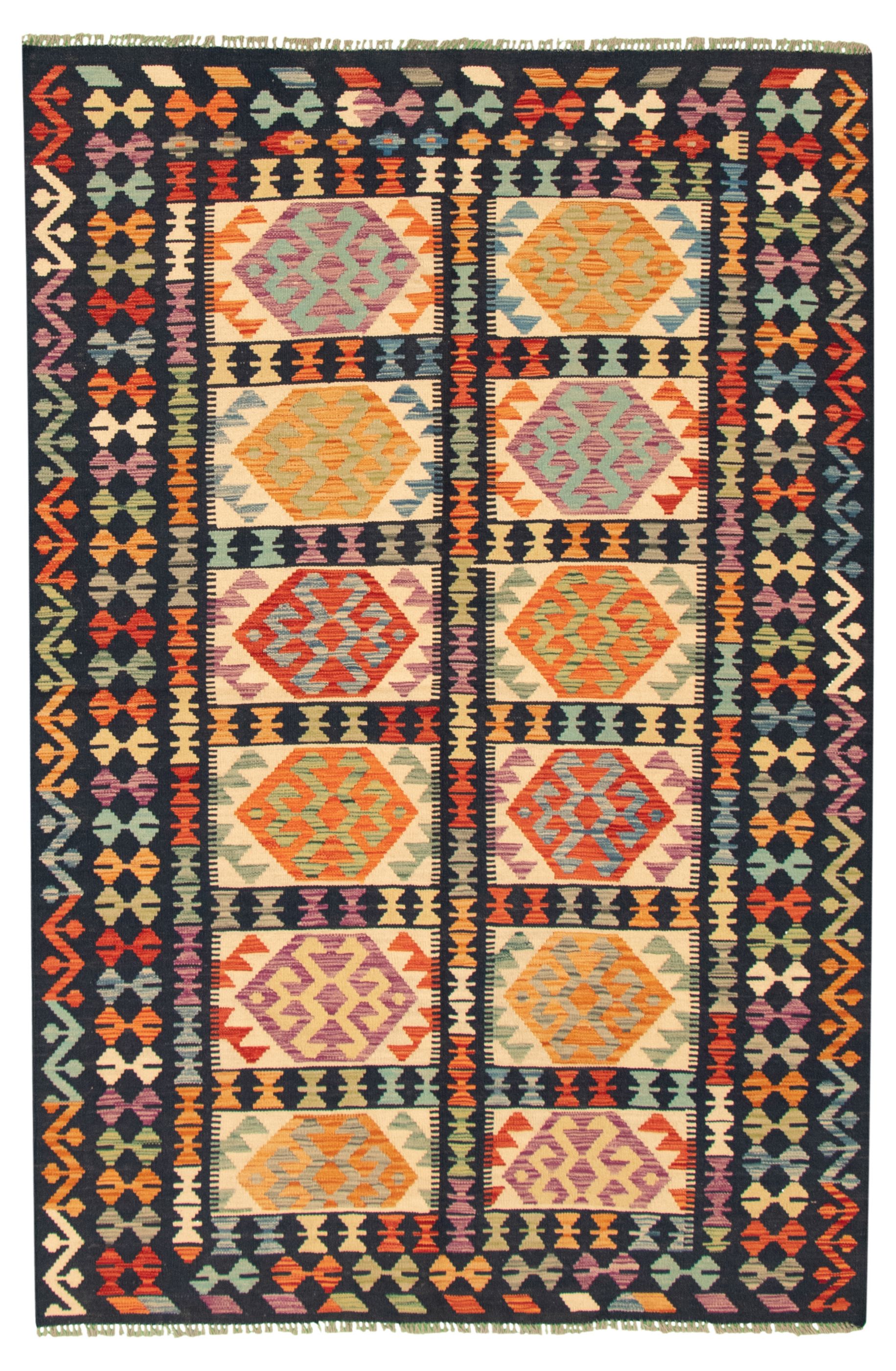 Hand woven Bold and Colorful  Cream, Dark Navy Wool Kilim 5'5" x 8'0" Size: 5'5" x 8'0"  
