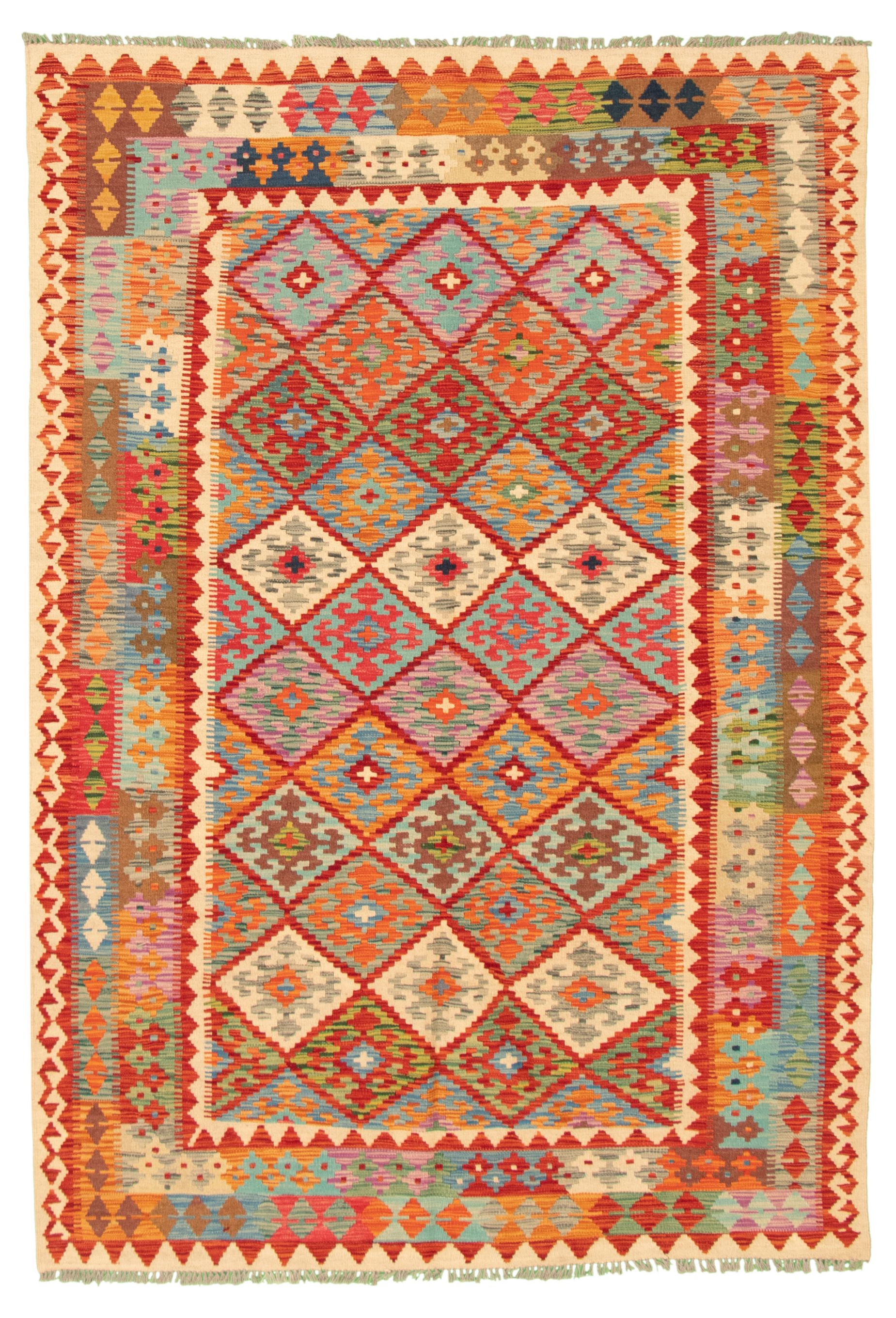 Hand woven Bold and Colorful  Red Wool Kilim 5'10" x 8'5" Size: 5'10" x 8'5"  