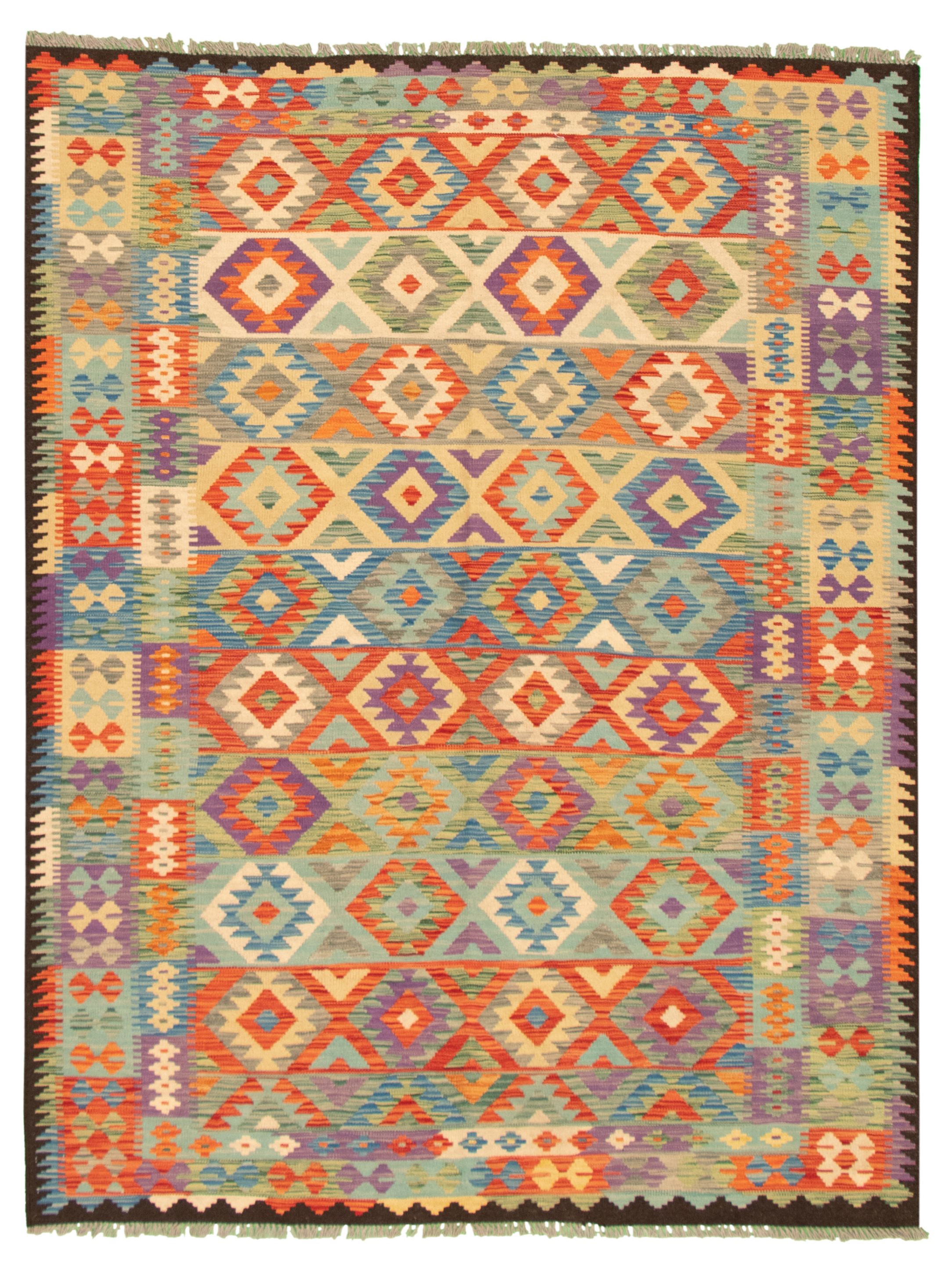 Hand woven Bold and Colorful  Multi Color Wool Kilim 5'11" x 7'10" Size: 5'11" x 7'10"  