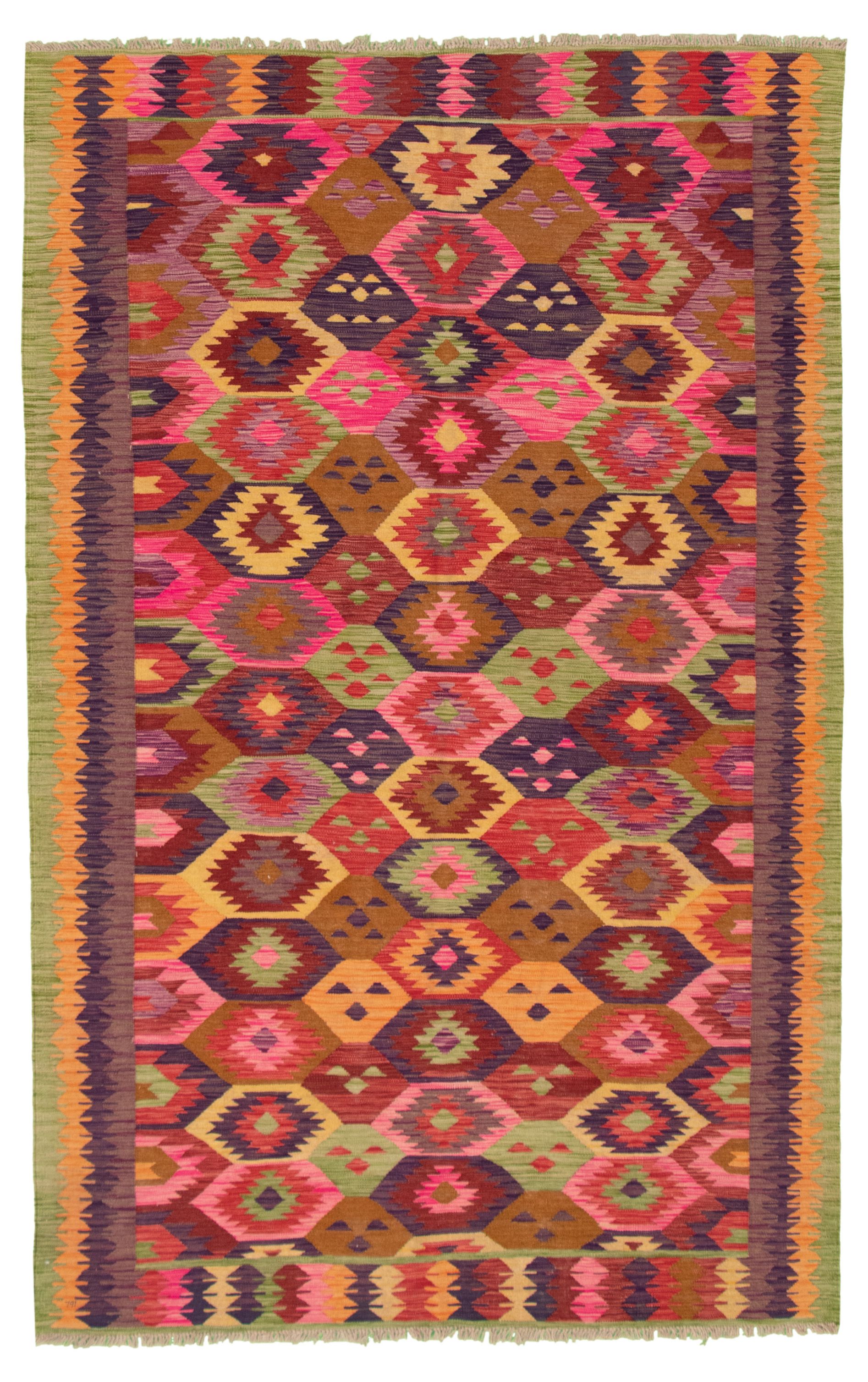 Hand woven Bold and Colorful  Dark Pink, Indigo Wool Kilim 6'0" x 9'5" Size: 6'0" x 9'5"  