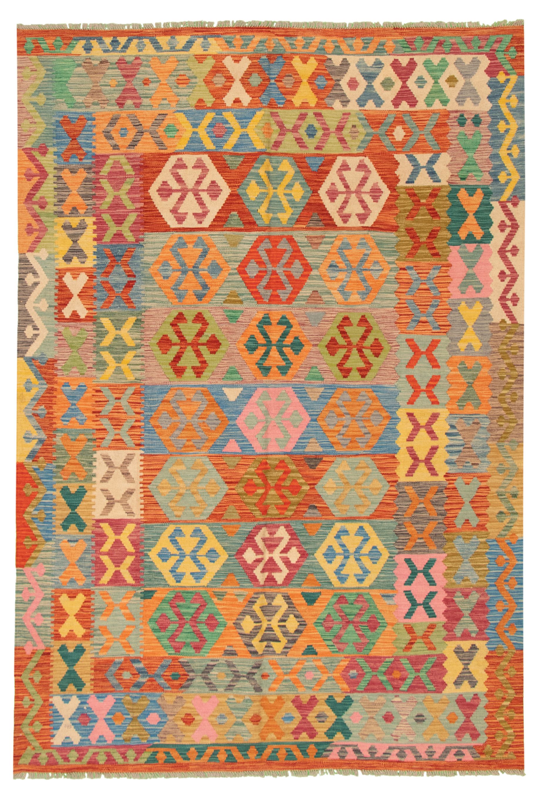 Hand woven Bold and Colorful  Multi Color Wool Kilim 6'8" x 9'9" Size: 6'8" x 9'9"  