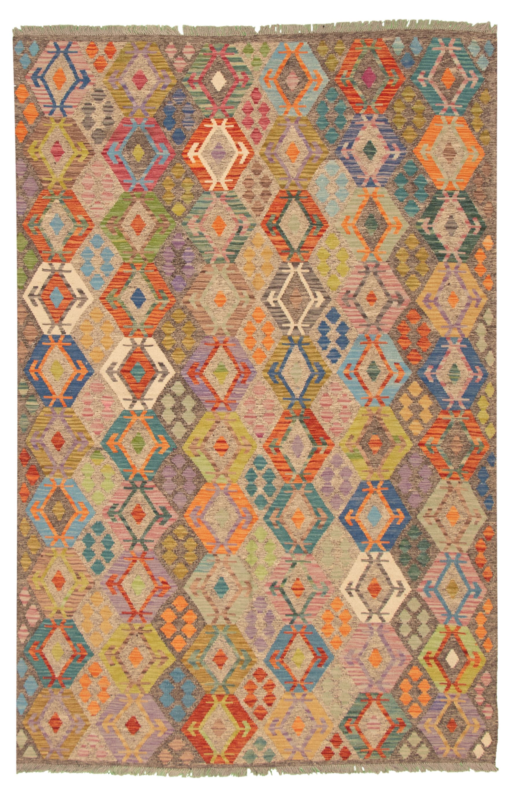 Hand woven Bold and Colorful  Grey Wool Kilim 6'9" x 10'0" Size: 6'9" x 10'0"  