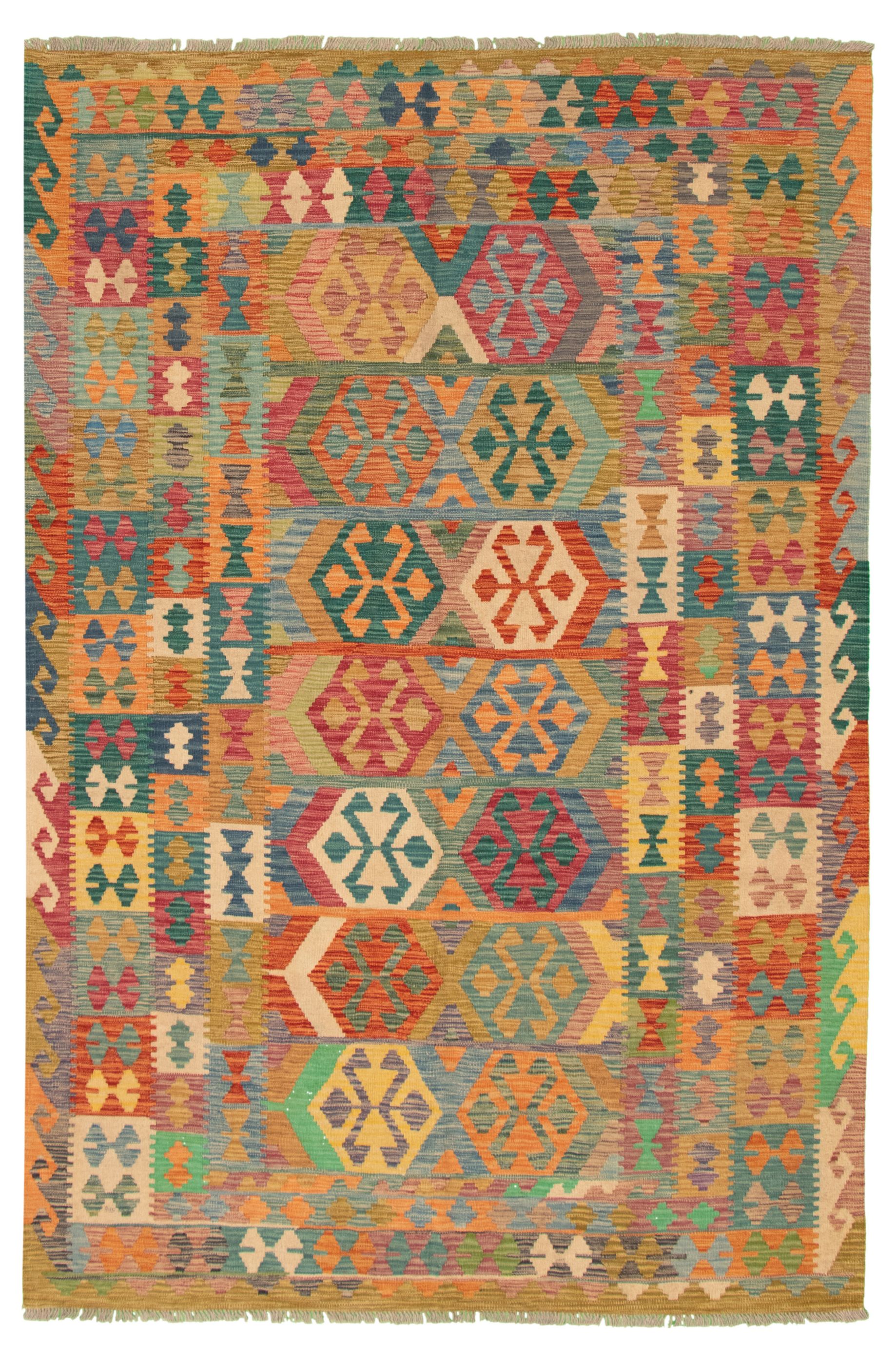 Hand woven Bold and Colorful  Multi Color Wool Kilim 6'6" x 9'9" Size: 6'6" x 9'9"  