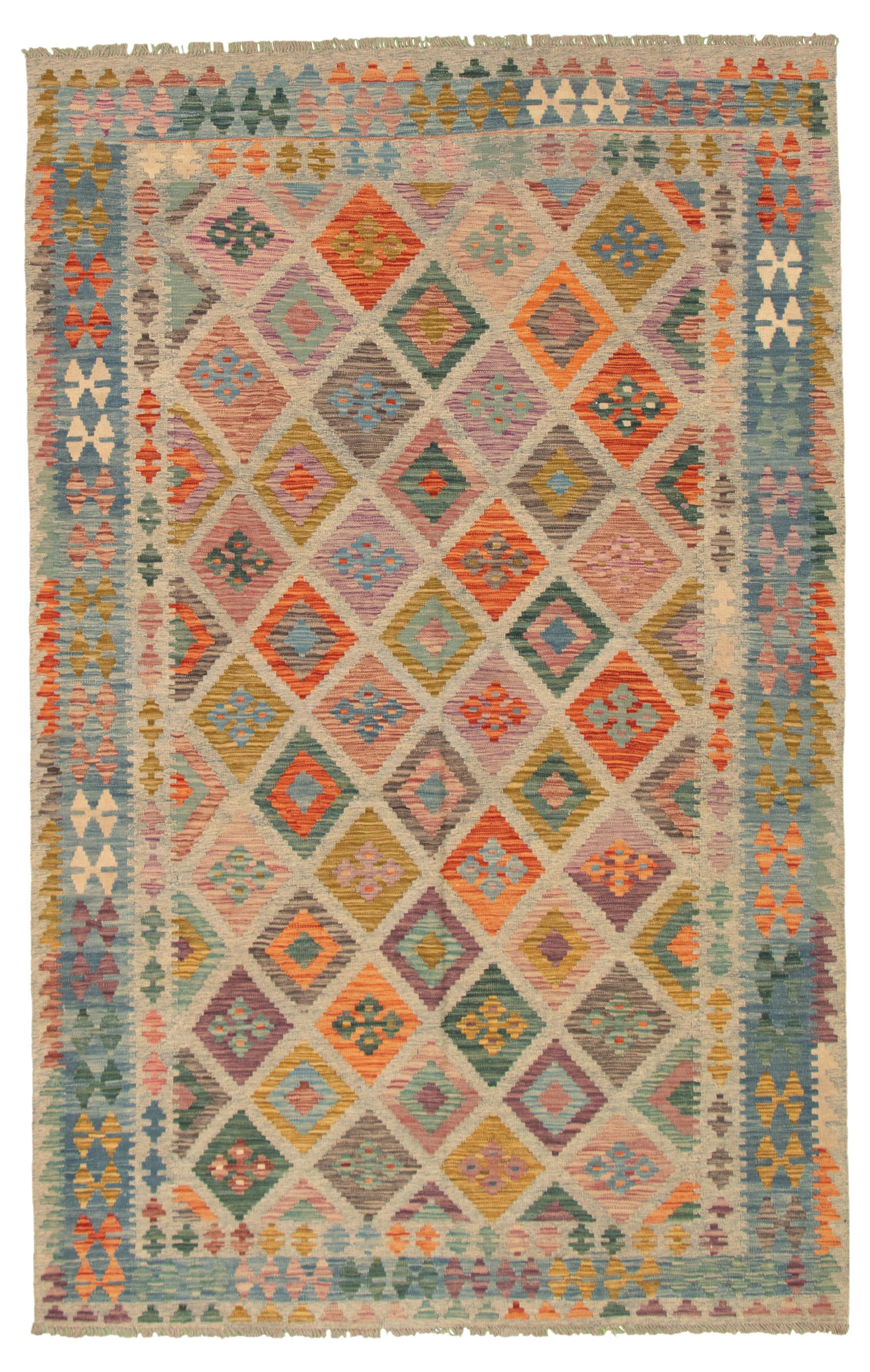 Hand woven Bold and Colorful  Grey Wool Kilim 6'5" x 10'3" Size: 6'5" x 10'3"  