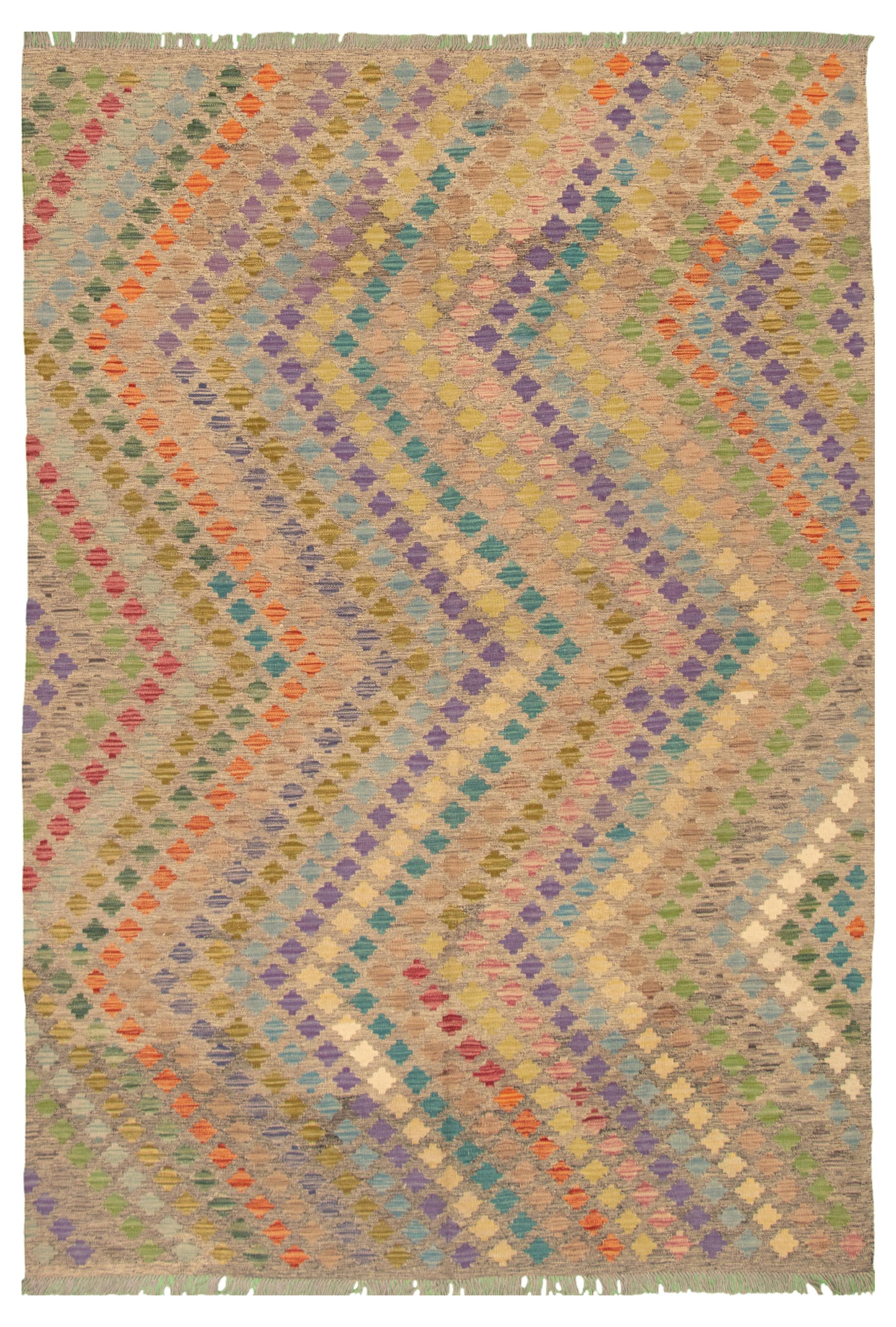 Hand woven Bold and Colorful  Grey Wool Kilim 6'7" x 9'7"  Size: 6'7" x 9'7"  