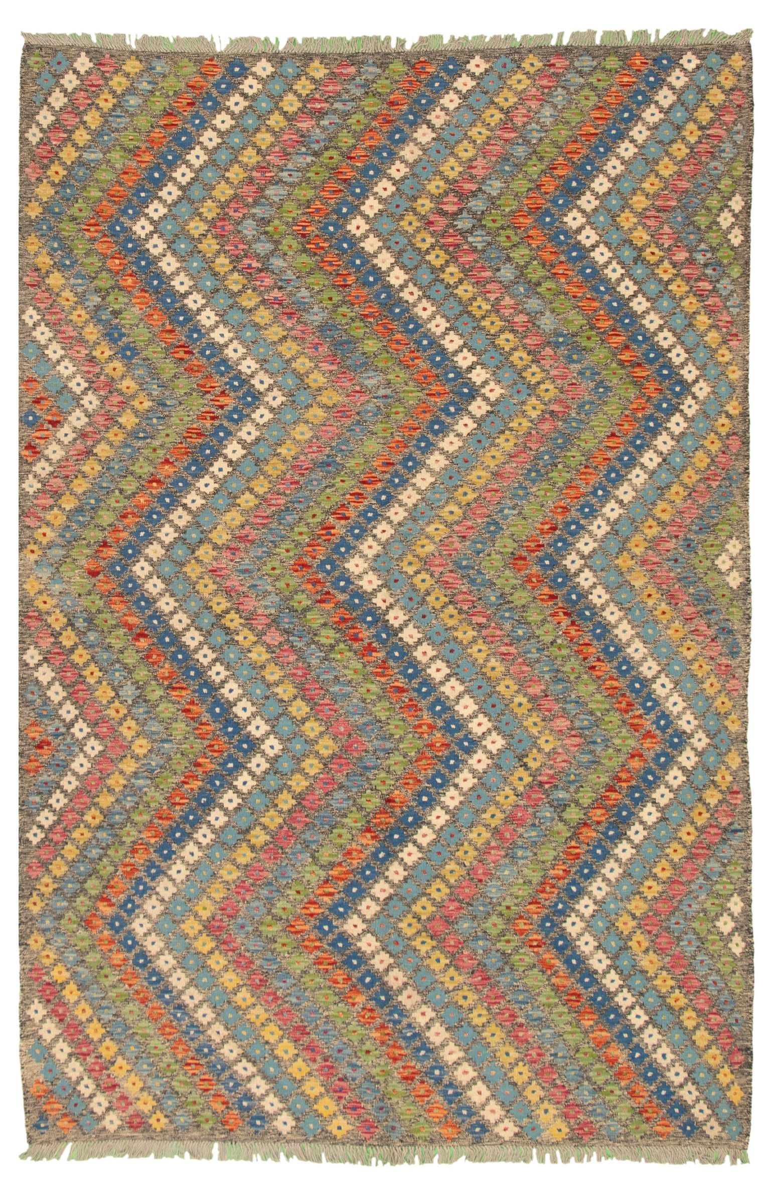Hand woven Bold and Colorful  Dark Grey Wool Kilim 6'4" x 9'9" Size: 6'4" x 9'9"  