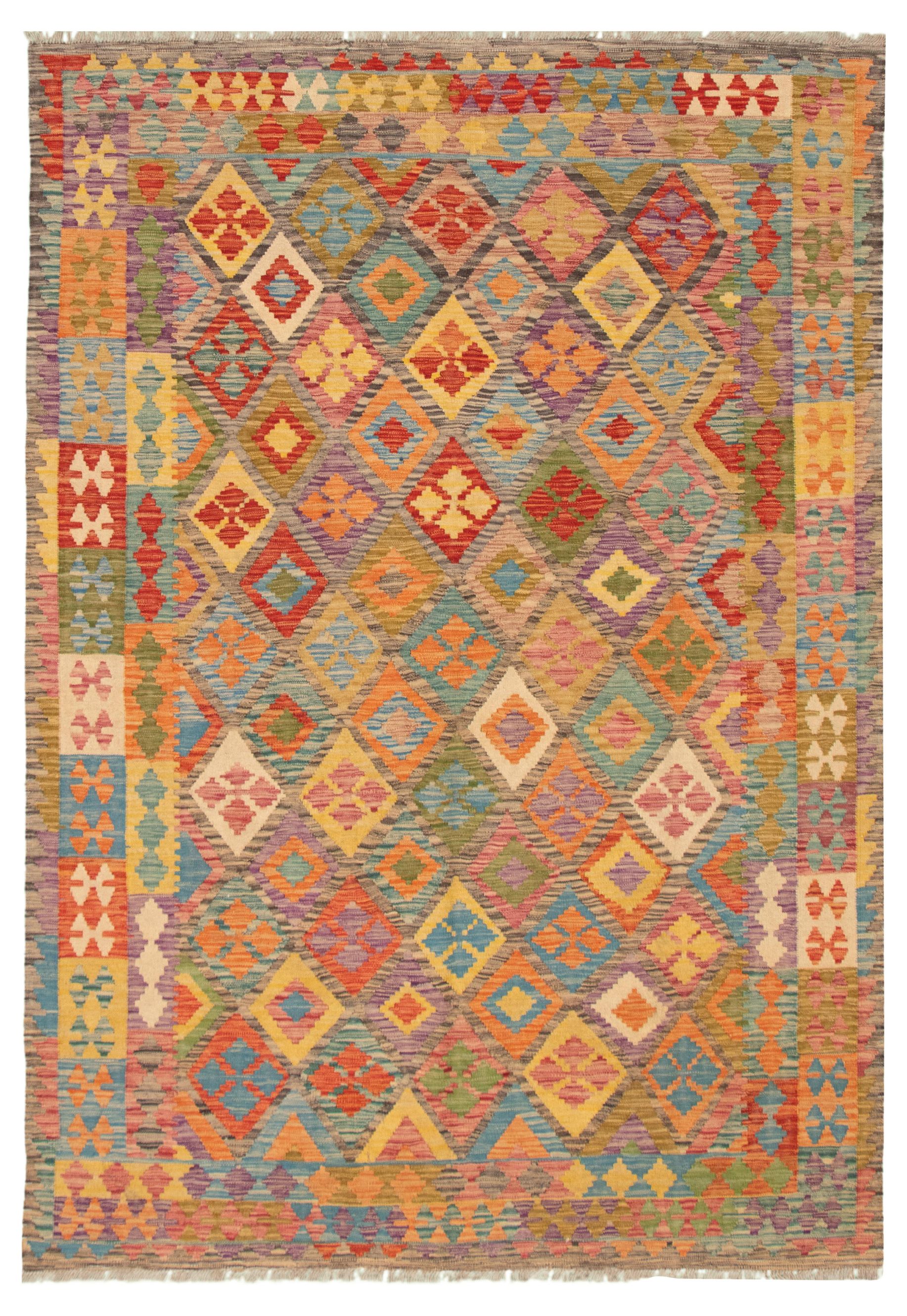Hand woven Bold and Colorful  Multi Color Wool Kilim 6'6" x 9'8" Size: 6'6" x 9'8"  