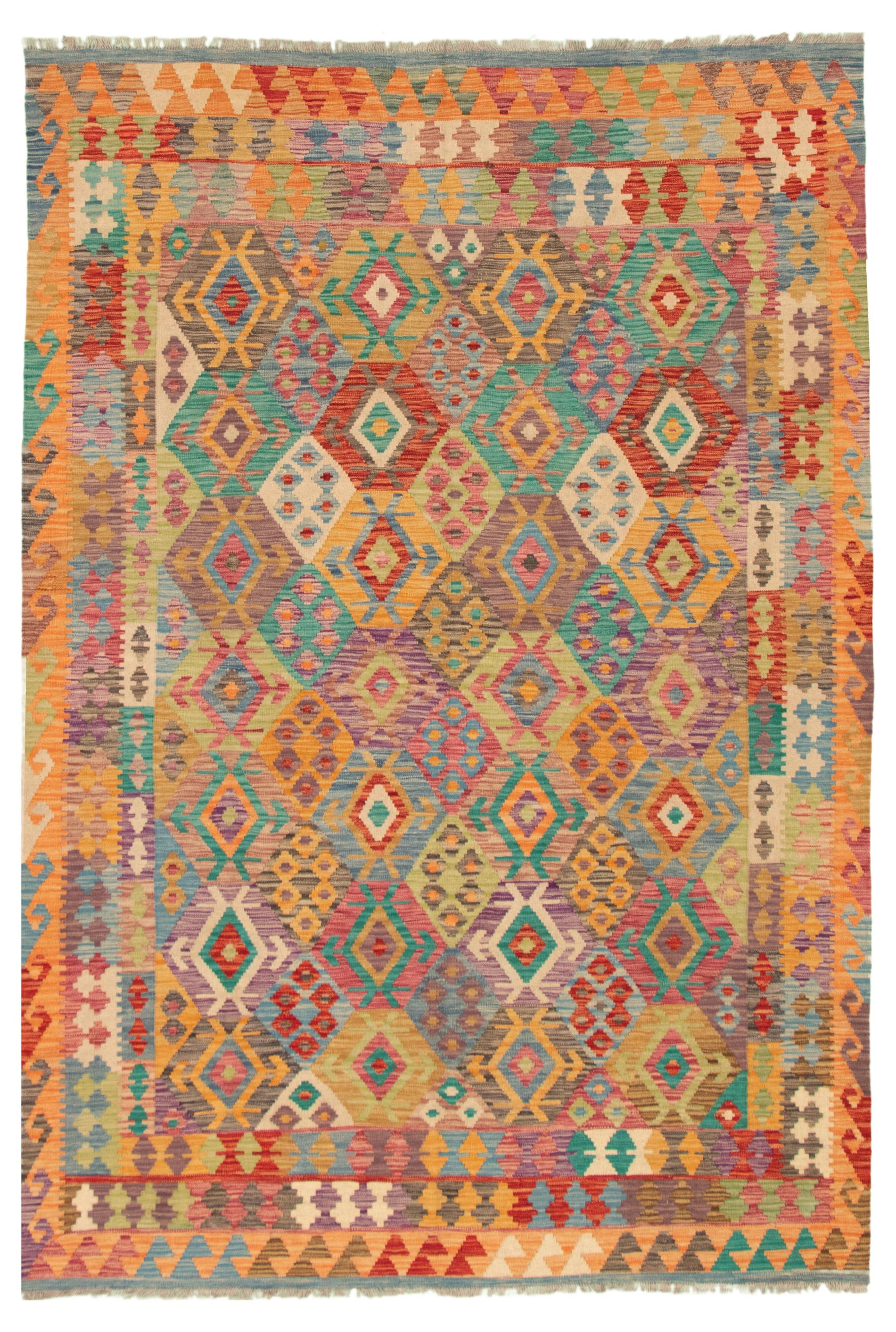 Hand woven Bold and Colorful  Multi Color Wool Kilim 6'9" x 9'10" Size: 6'9" x 9'10"  