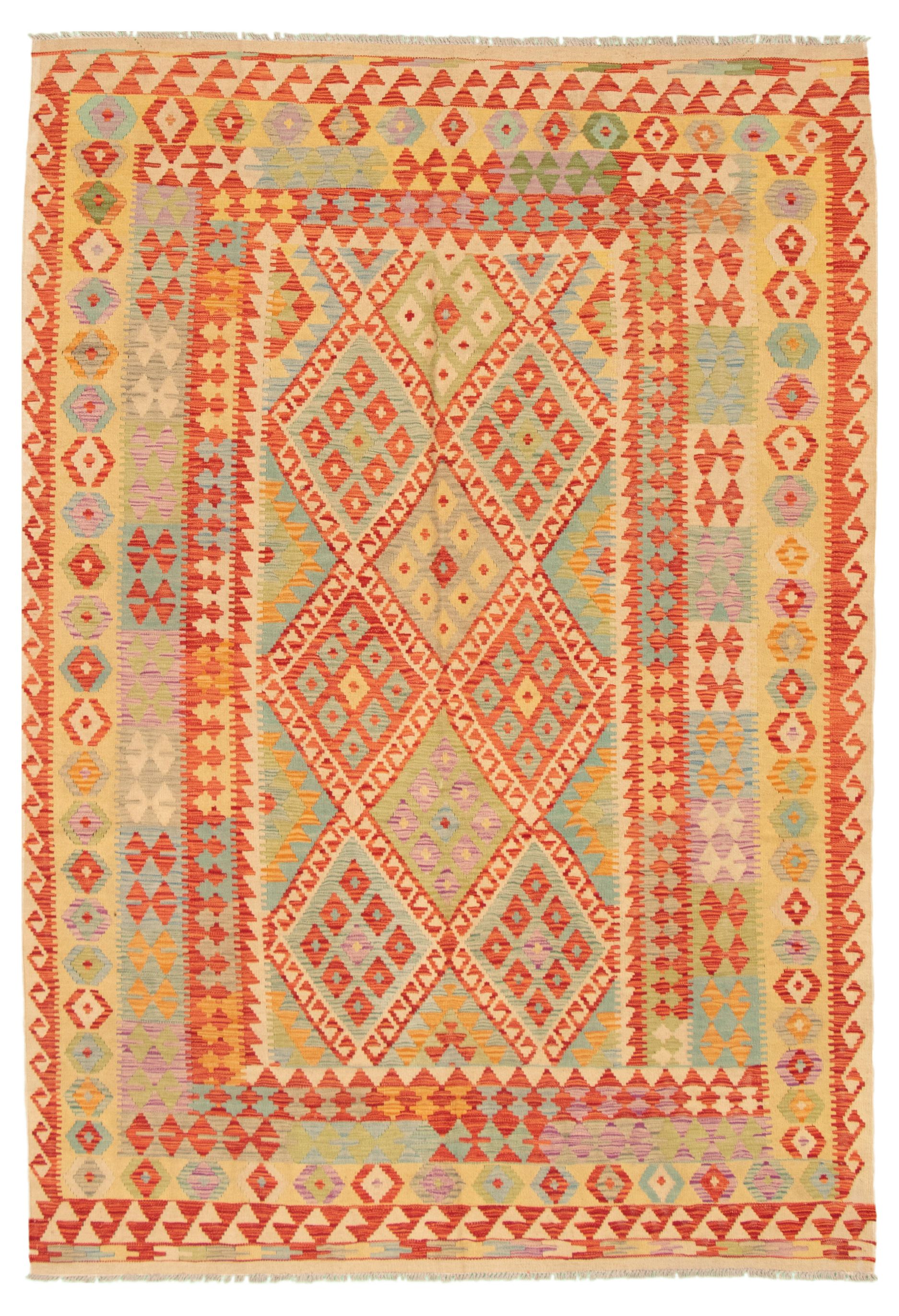 Hand woven Bold and Colorful  Ivory, Red Wool Kilim 7'0" x 10'0" Size: 7'0" x 10'0"  