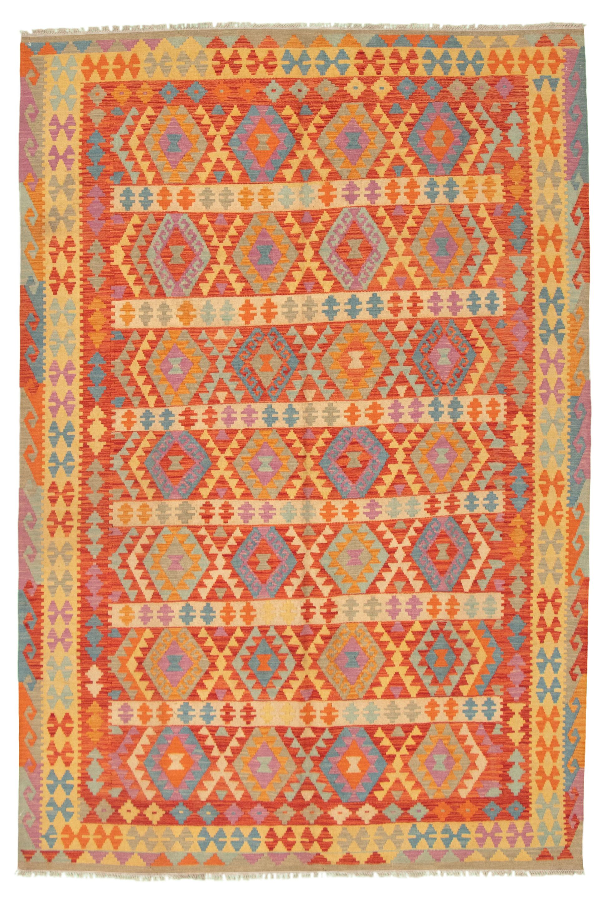 Hand woven Bold and Colorful  Red Wool Kilim 6'9" x 10'0" Size: 6'9" x 10'0"  