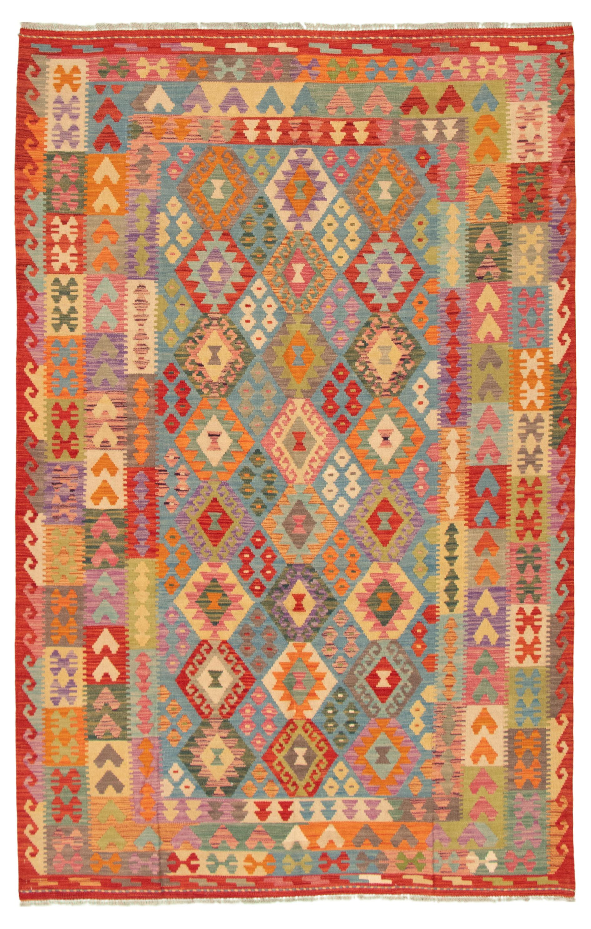 Hand woven Bold and Colorful  Red Wool Kilim 6'7" x 9'8" Size: 6'7" x 9'8"  