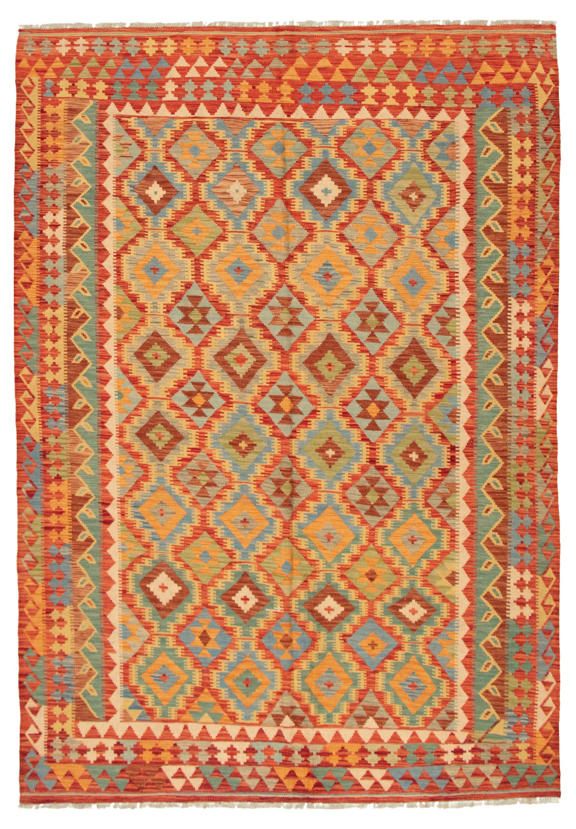 Hand woven Bold and Colorful  Red Wool Kilim 6'7" x 9'6" Size: 6'7" x 9'6"  