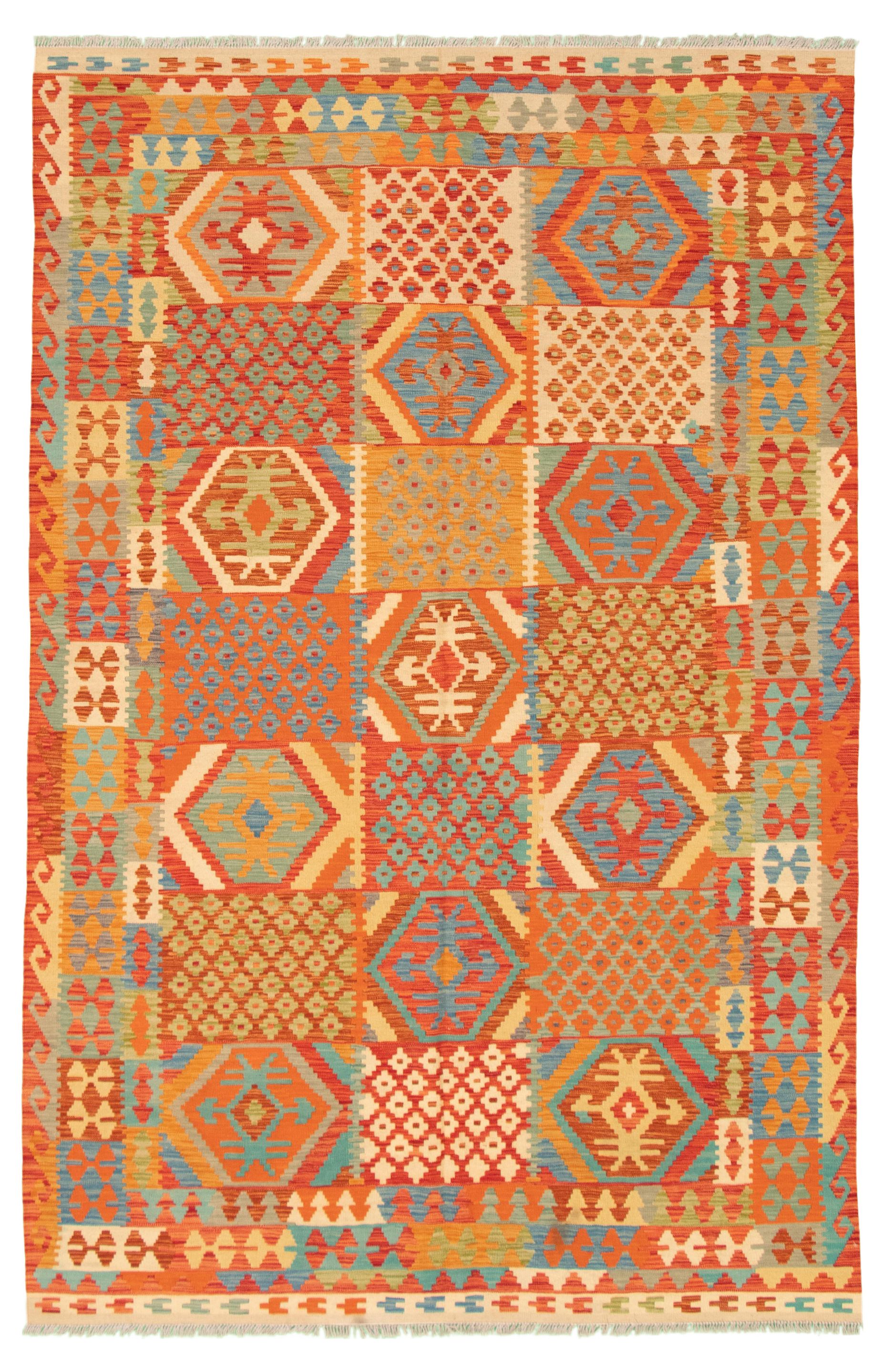 Hand woven Bold and Colorful  Red Wool Kilim 6'8" x 10'0" Size: 6'8" x 10'0"  