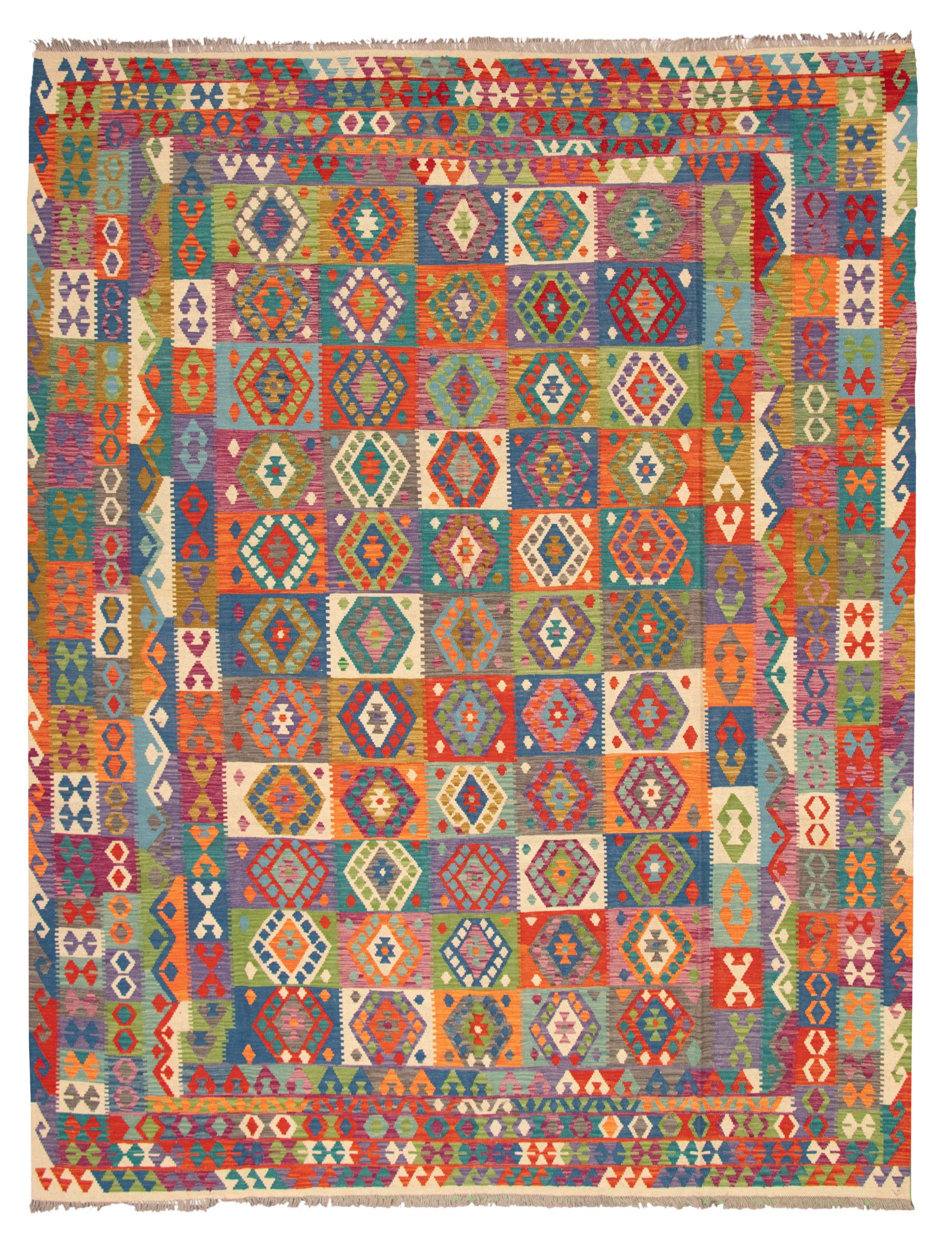 Hand woven Bold and Colorful  Multi Color Wool Kilim 9'10" x 12'10" Size: 9'10" x 12'10"  
