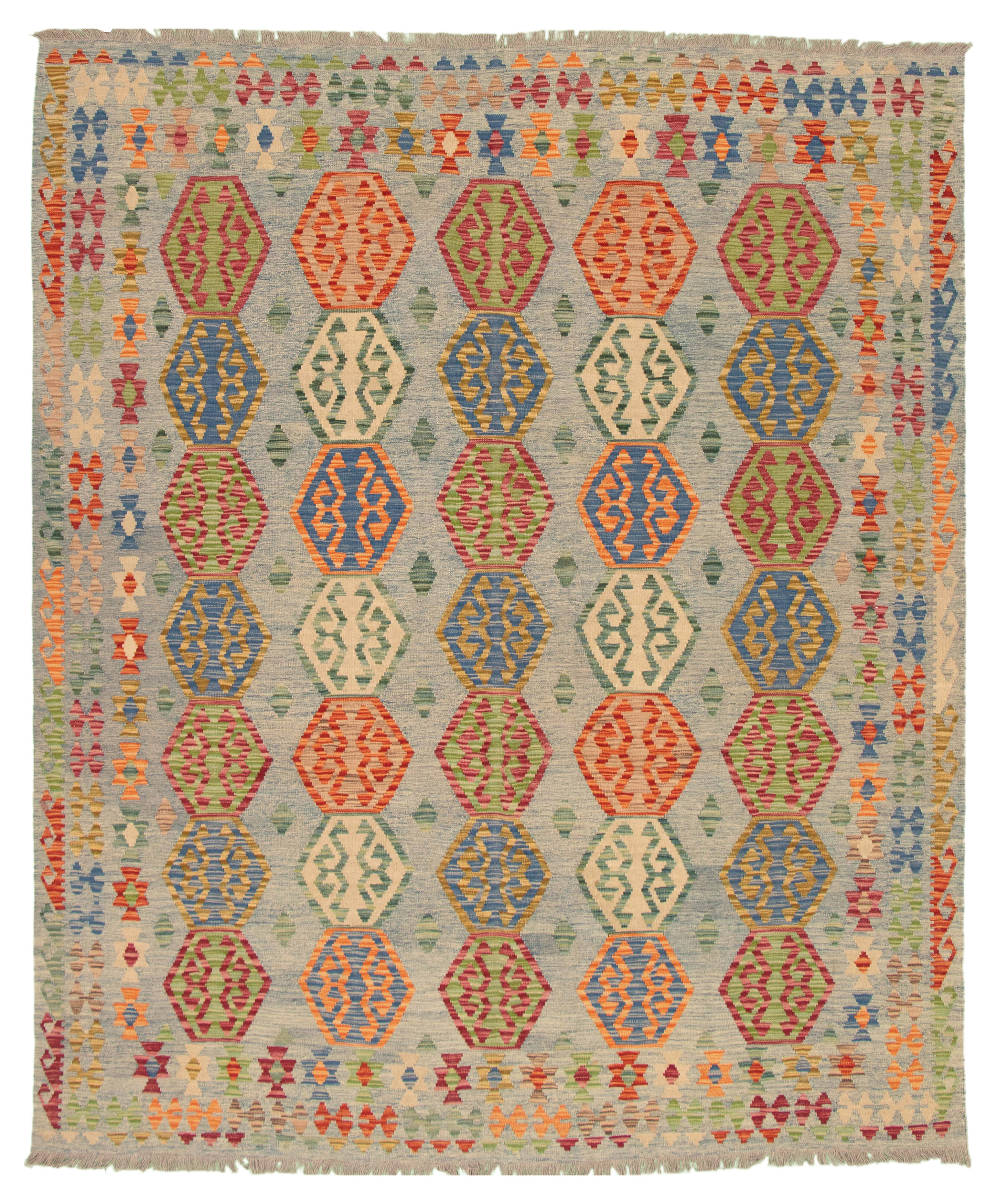 Hand woven Bold and Colorful  Grey Wool Kilim 8'1" x 9'10" Size: 8'1" x 9'10"  