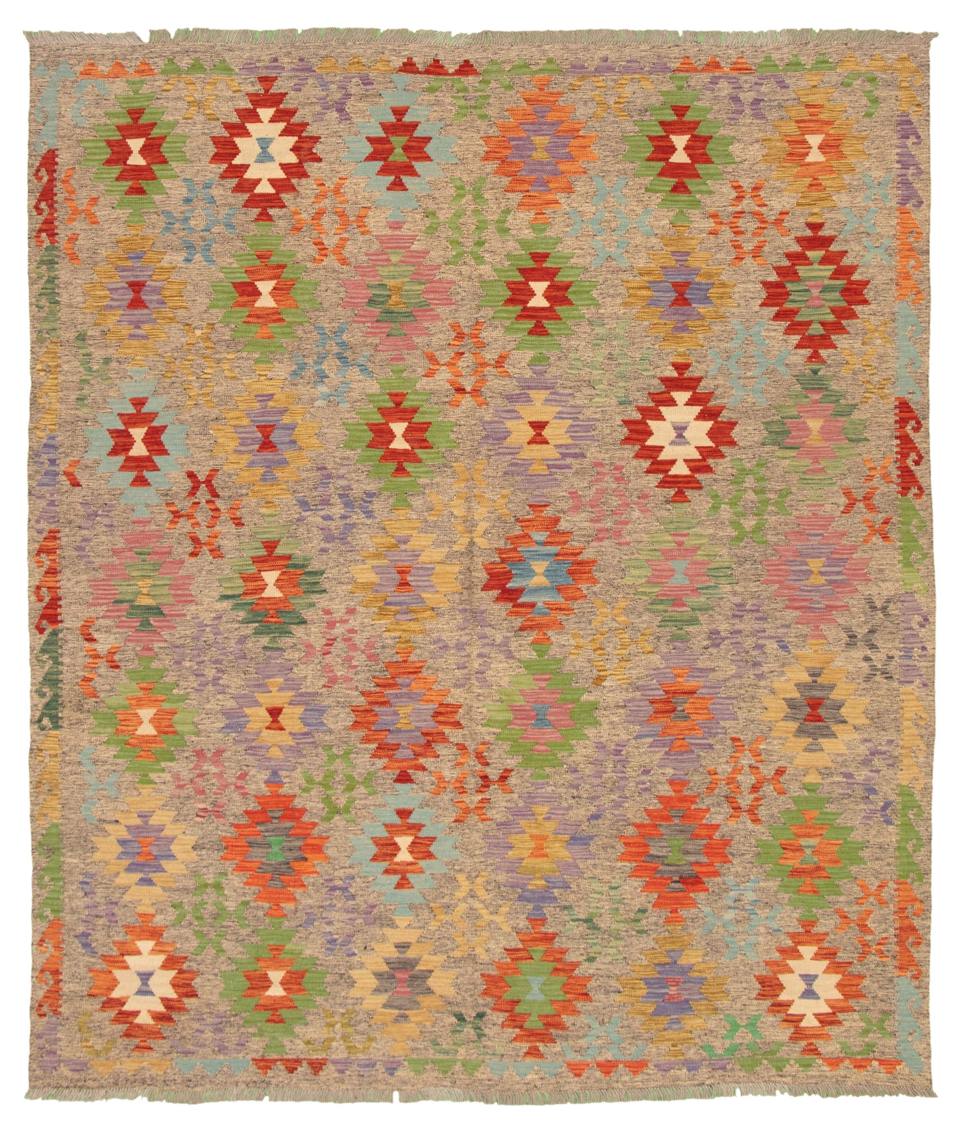 Hand woven Bold and Colorful  Grey Wool Kilim 8'3" x 9'10" Size: 8'3" x 9'10"  