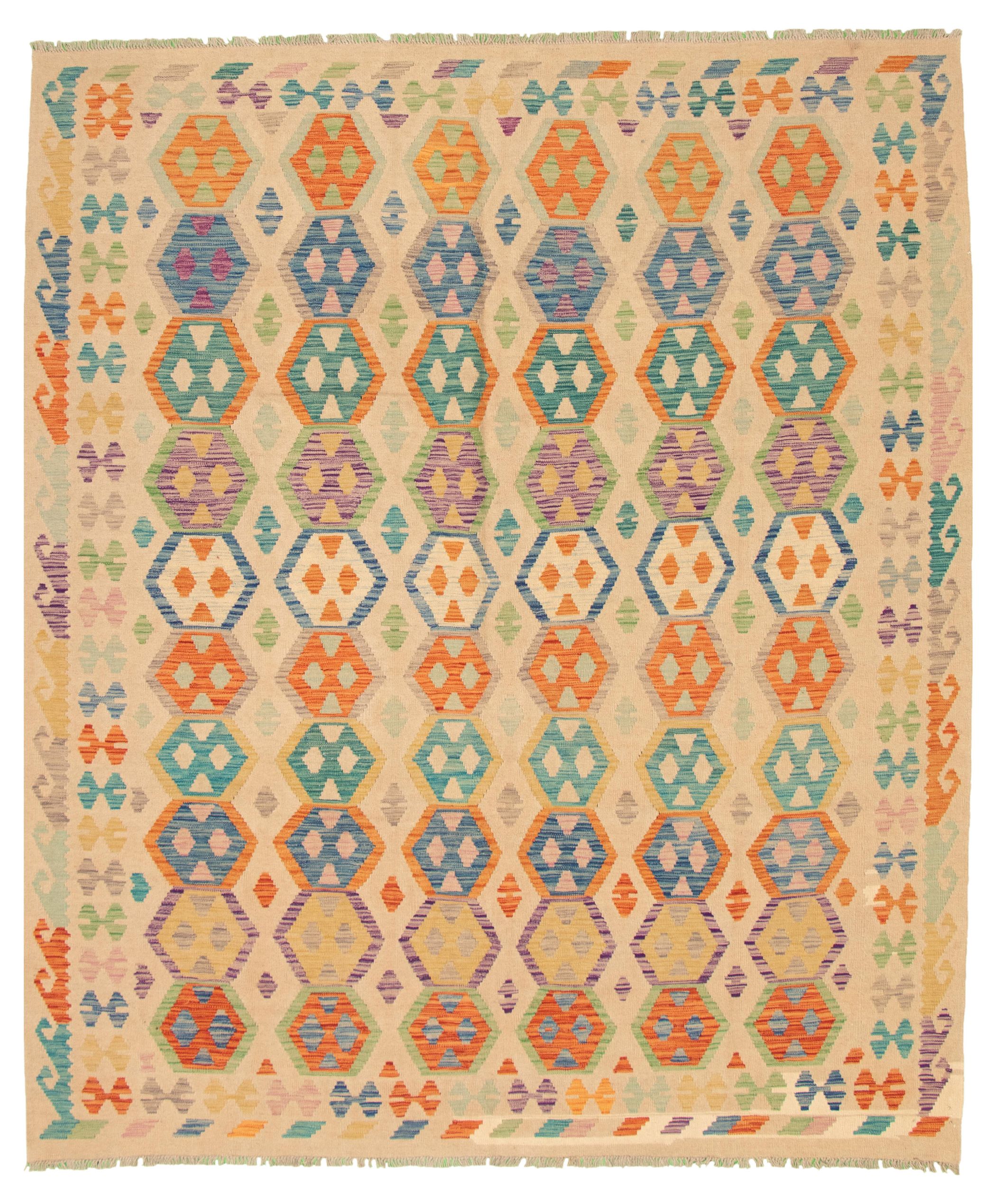 Hand woven Bold and Colorful  Beige Wool Kilim 8'4" x 9'9" Size: 8'4" x 9'9"  