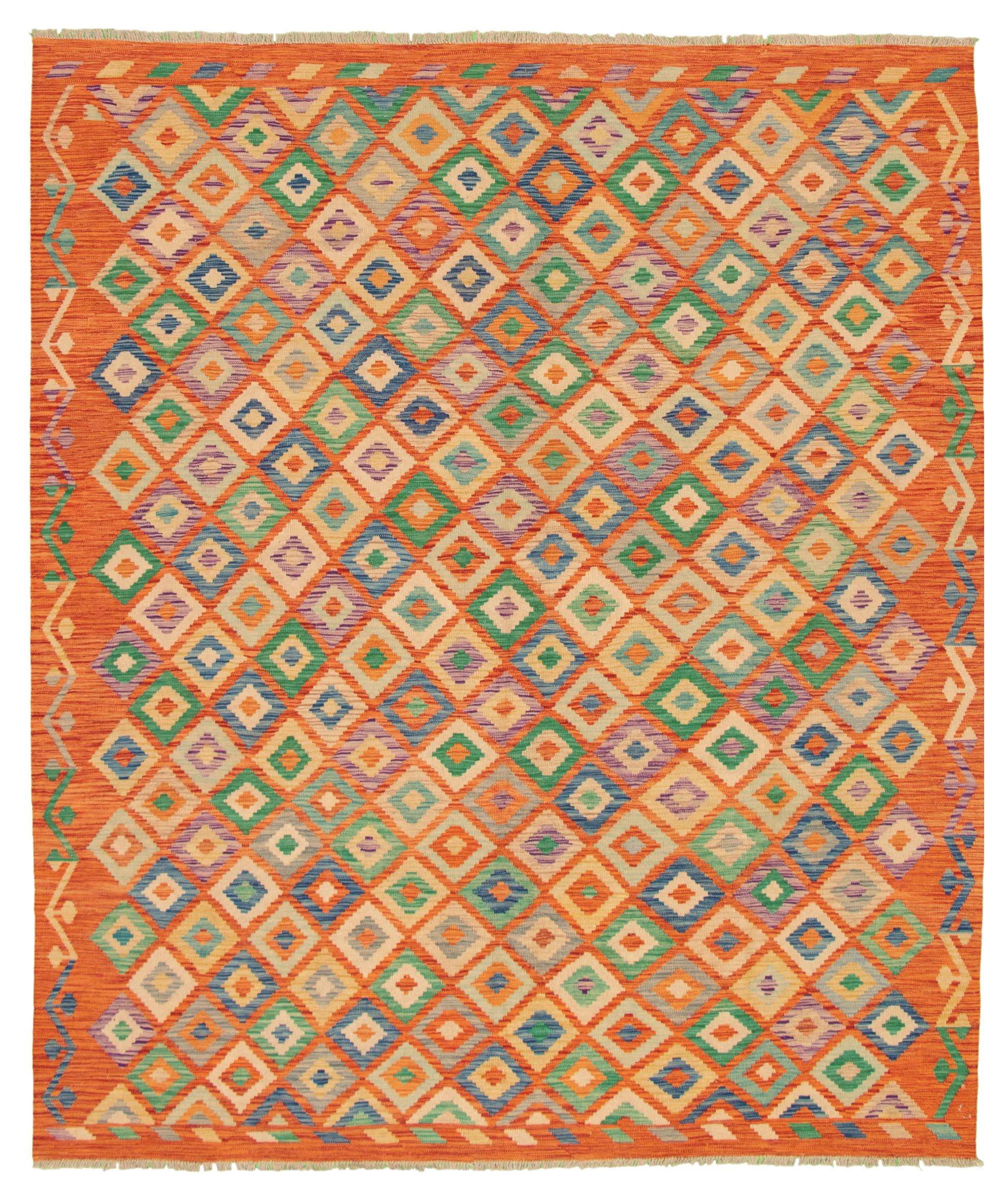 Hand woven Bold and Colorful  Copper Wool Kilim 8'5" x 9'10" Size: 8'5" x 9'10"  