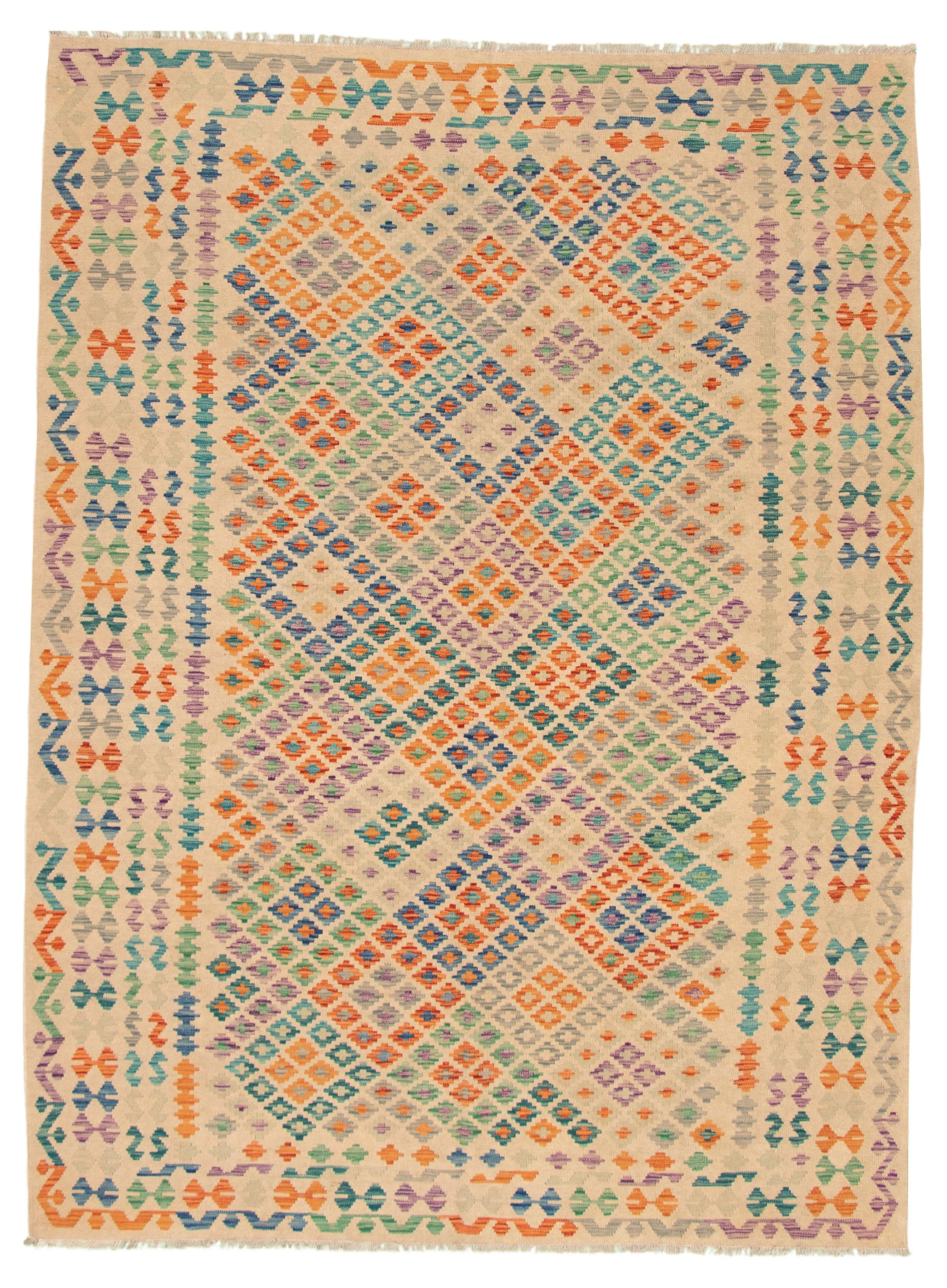 Hand woven Bold and Colorful  Beige Wool Kilim 8'5" x 11'5" Size: 8'5" x 11'5"  