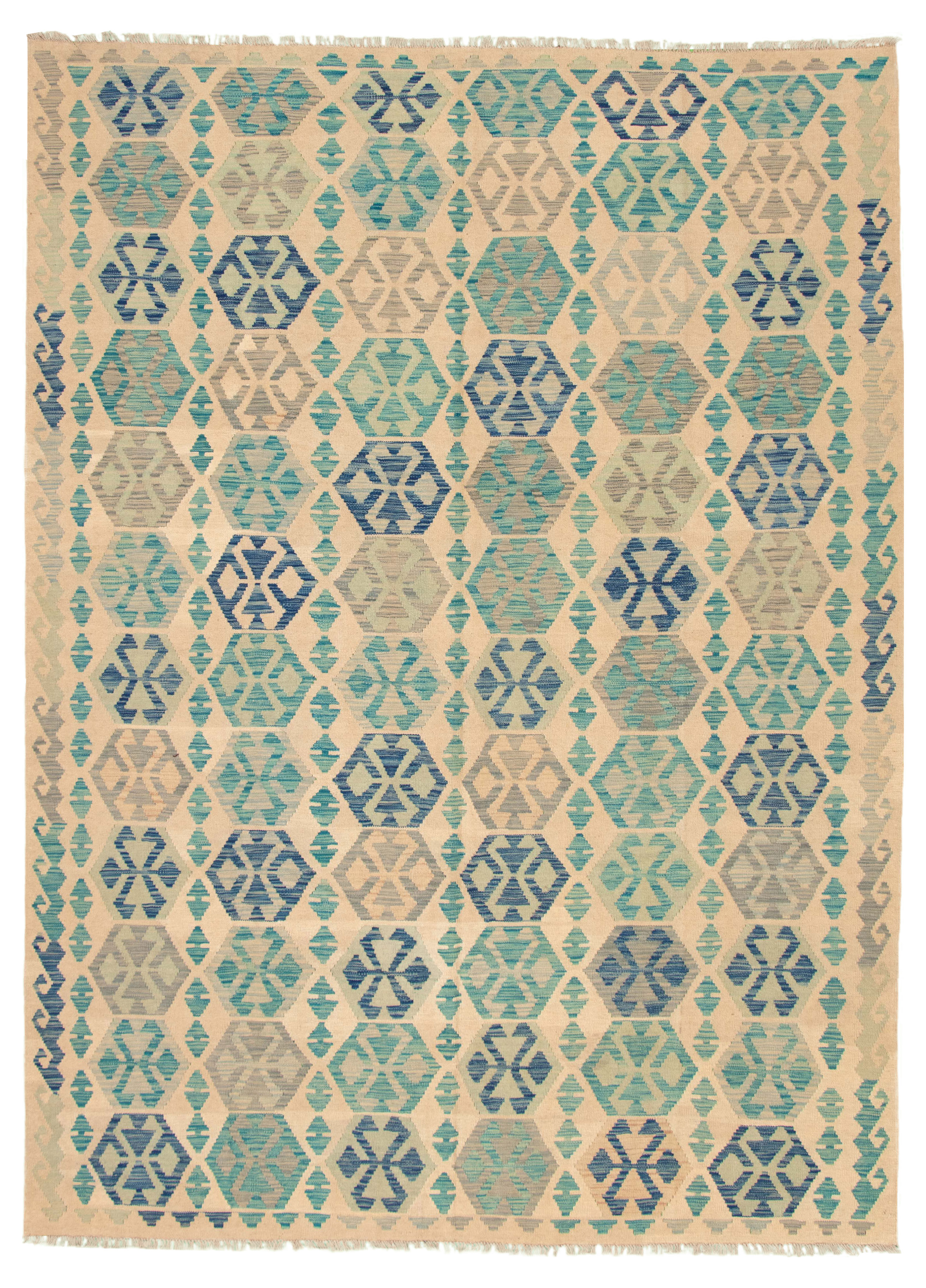 Hand woven Bold and Colorful  Ivory Wool Kilim 8'6" x 11'6" Size: 8'6" x 11'6"  