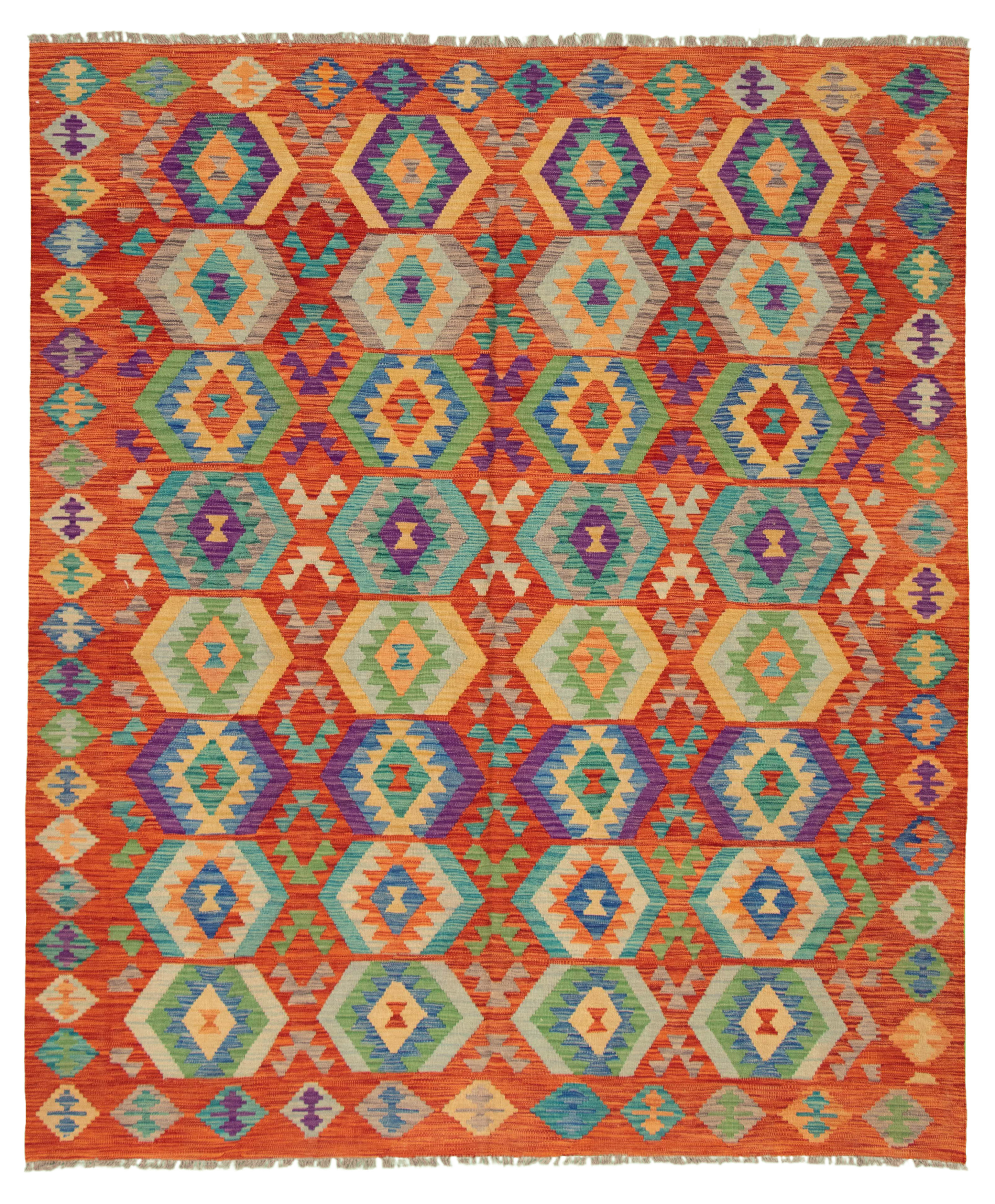 Hand woven Bold and Colorful  Red Wool Kilim 8'2" x 10'0" Size: 8'2" x 10'0"  