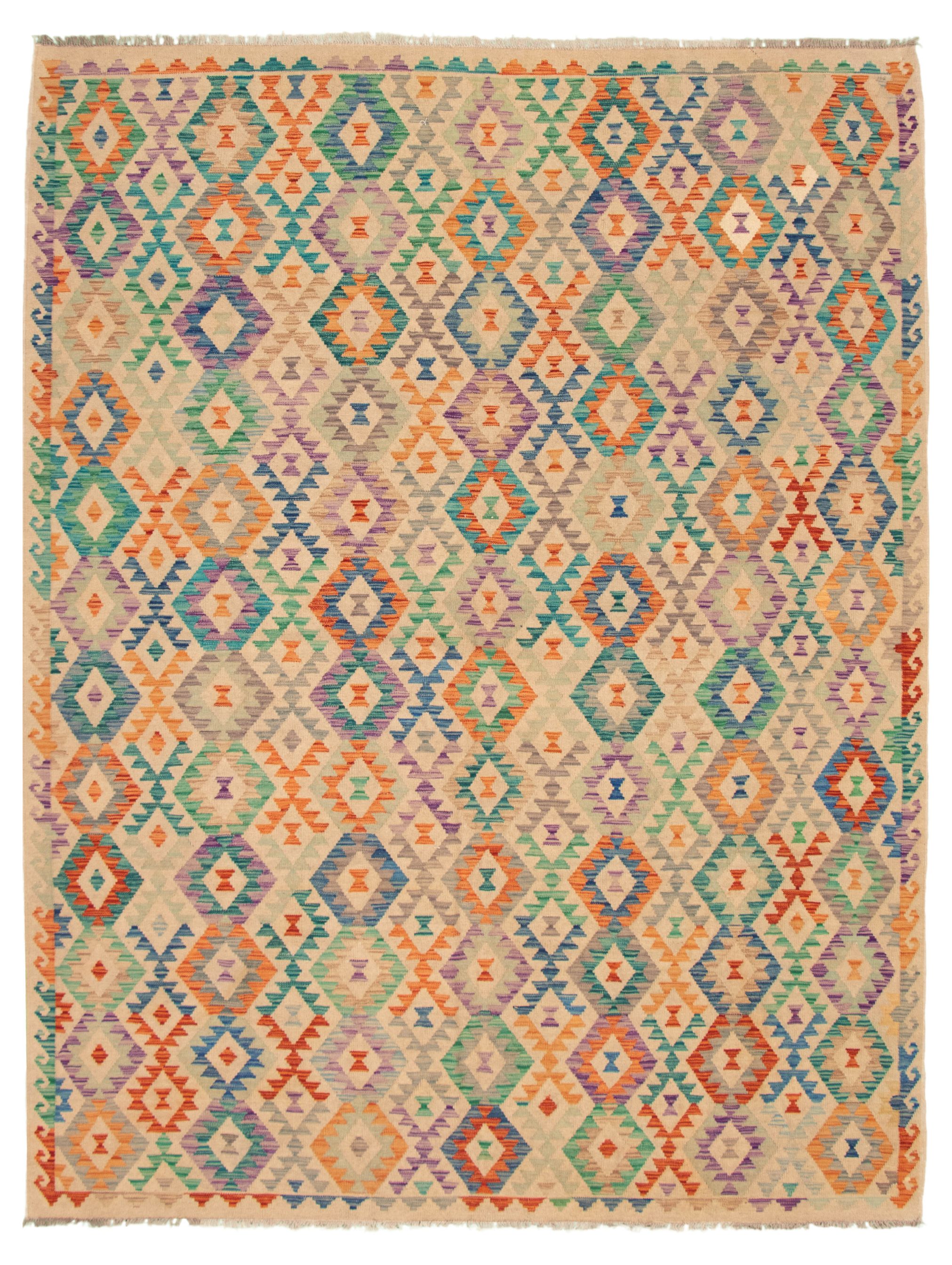Hand woven Bold and Colorful  Ivory Wool Kilim 8'6" x 11'2" Size: 8'6" x 11'2"  