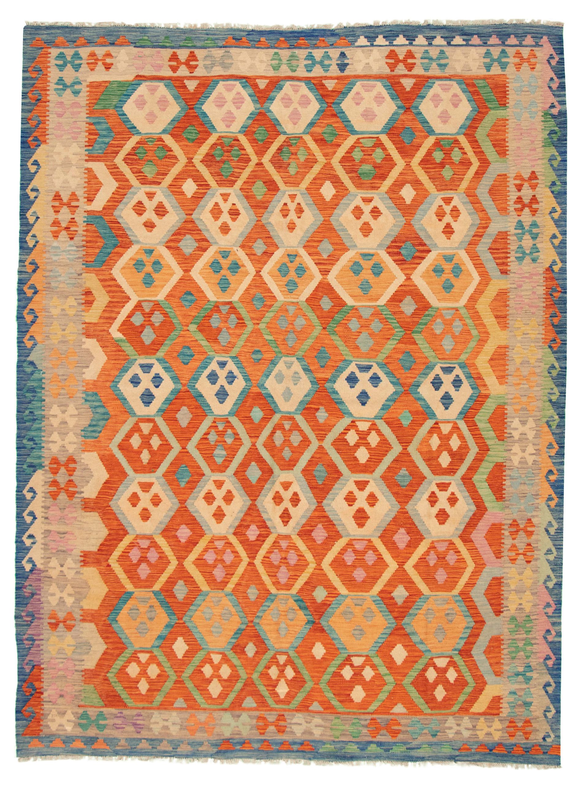 Hand woven Bold and Colorful  Dark Copper Wool Kilim 8'6" x 11'5" Size: 8'6" x 11'5"  
