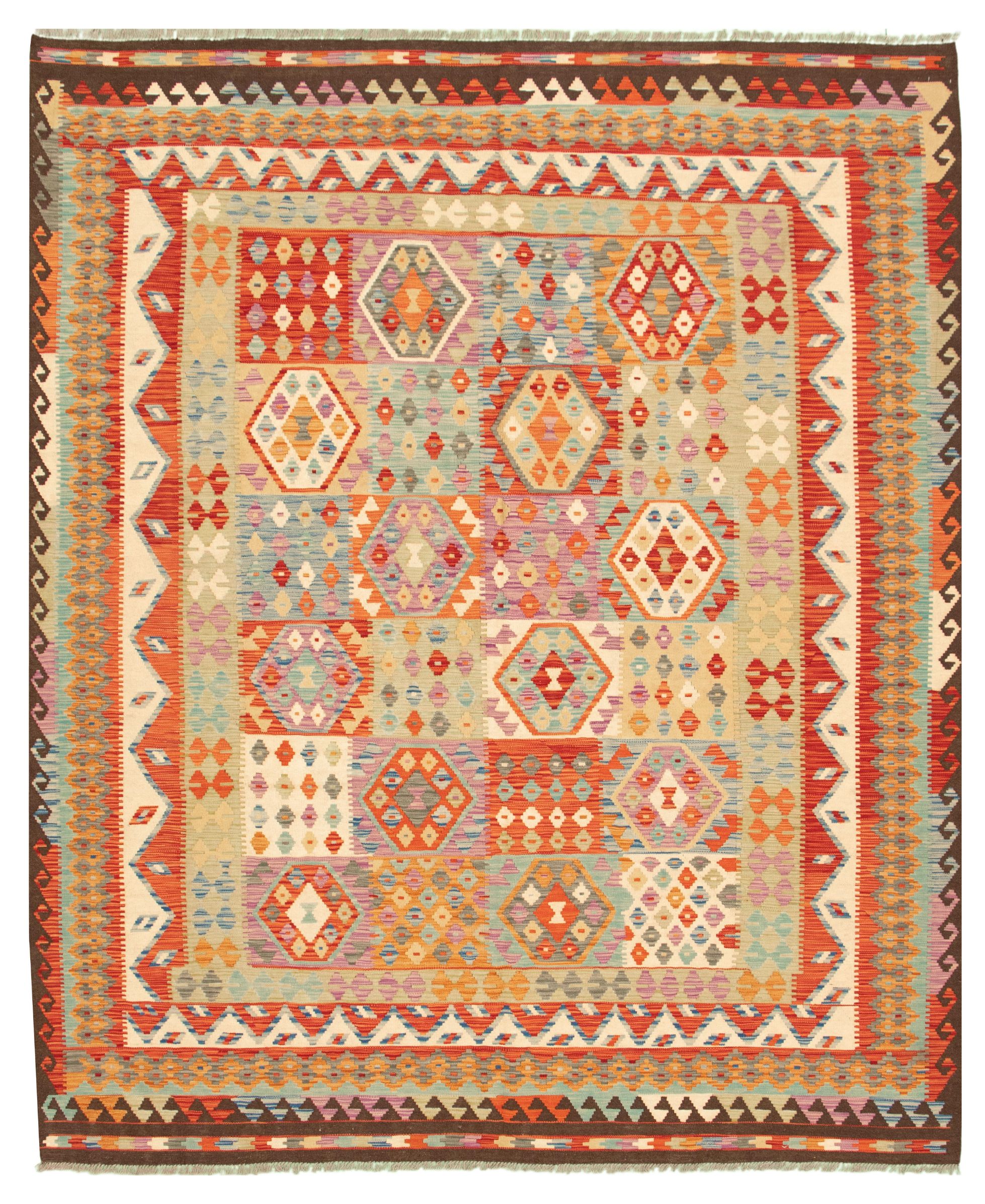 Hand woven Bold and Colorful  Khaki, Red Wool Kilim 8'1" x 9'10" Size: 8'1" x 9'10"  