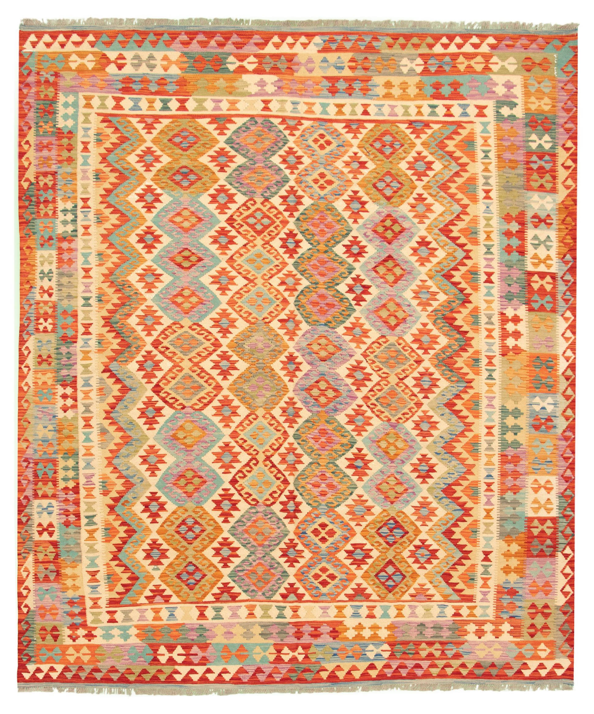 Hand woven Bold and Colorful  Ivory, Red Wool Kilim 8'1" x 9'10" Size: 8'1" x 9'10"  
