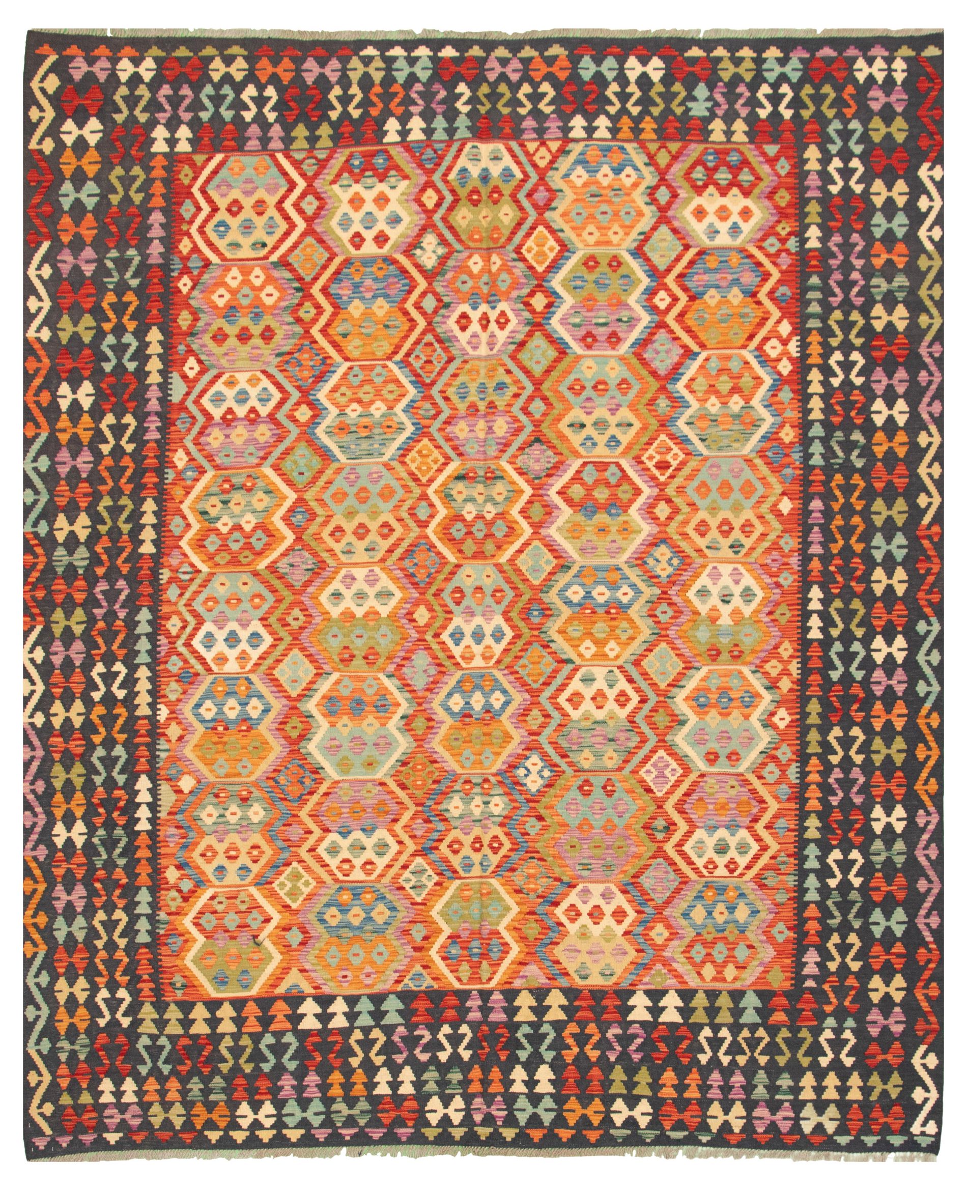 Hand woven Bold and Colorful  Red Wool Kilim 8'3" x 9'8" Size: 8'3" x 9'8"  