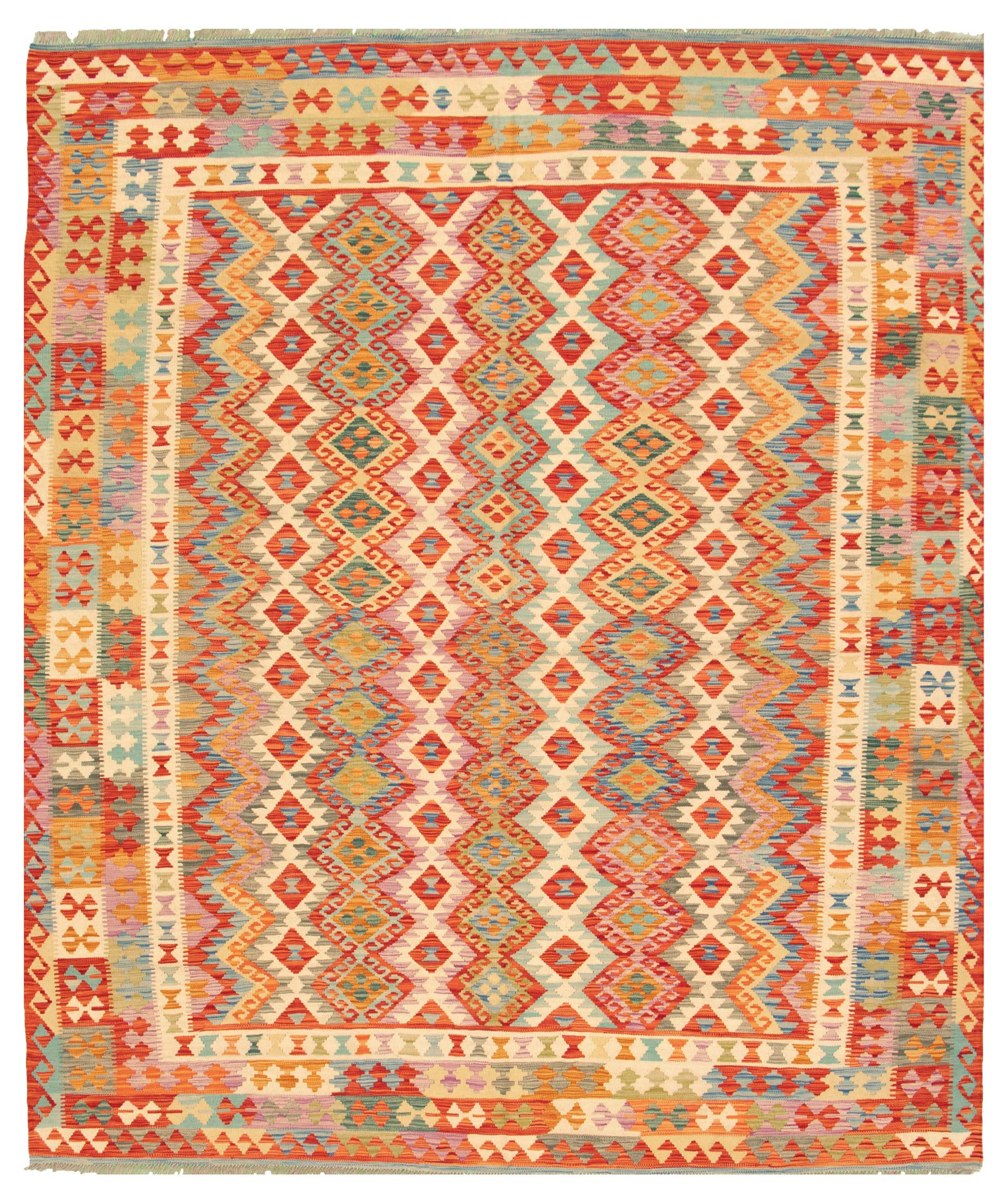 Hand woven Bold and Colorful  Ivory, Red Wool Kilim 8'4" x 9'10" Size: 8'4" x 9'10"  