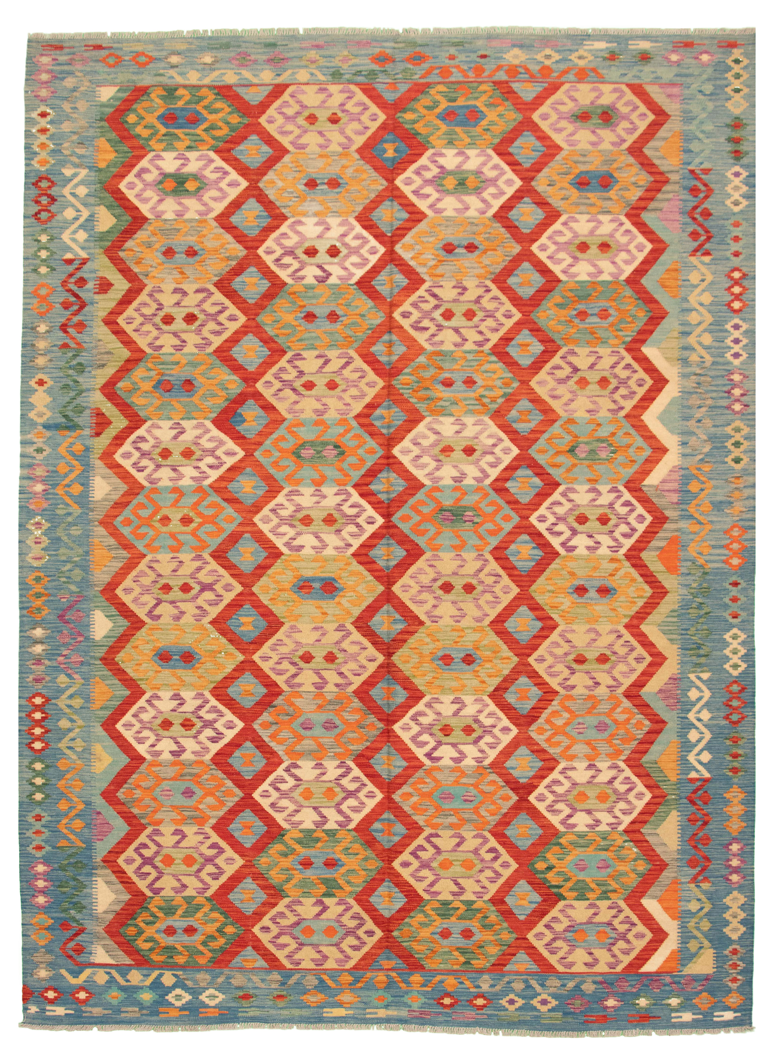 Hand woven Bold and Colorful  Red Wool Kilim 8'5" x 11'5" Size: 8'5" x 11'5"  