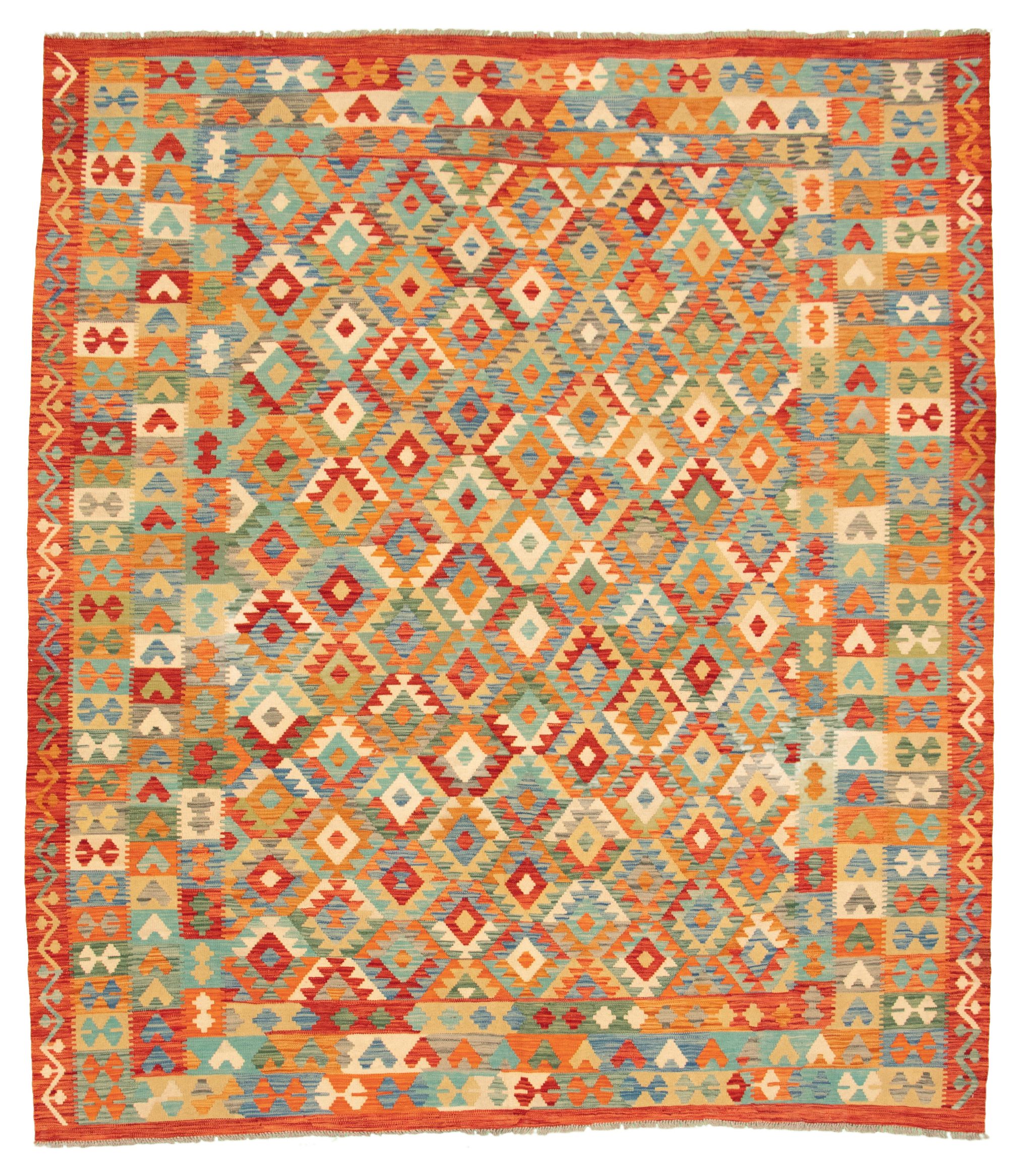Hand woven Bold and Colorful  Red Wool Kilim 8'5" x 9'8" Size: 8'5" x 9'8"  