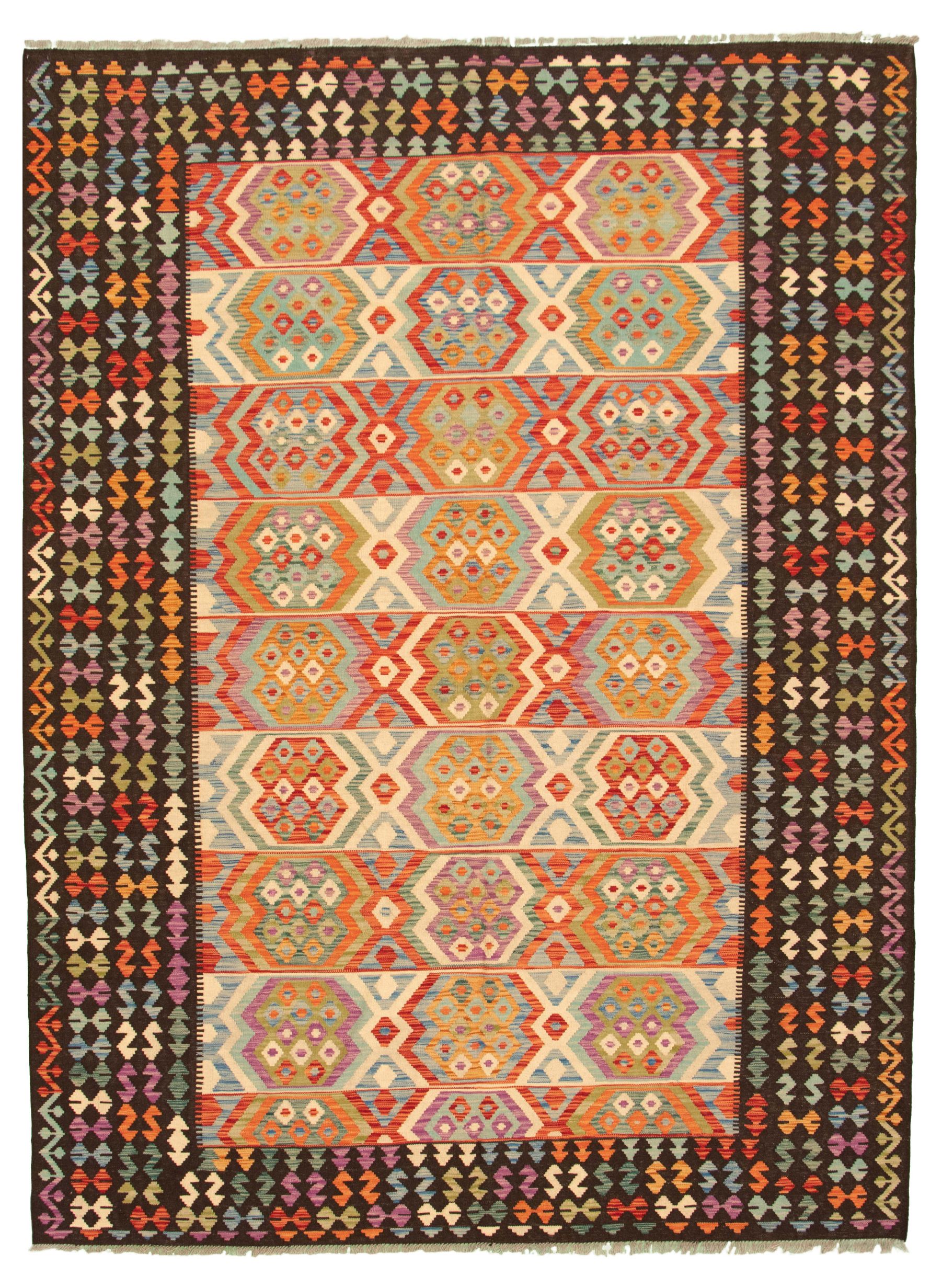 Hand woven Bold and Colorful  Dark Brown, Ivory Wool Kilim 8'4" x 11'2" Size: 8'4" x 11'2"  
