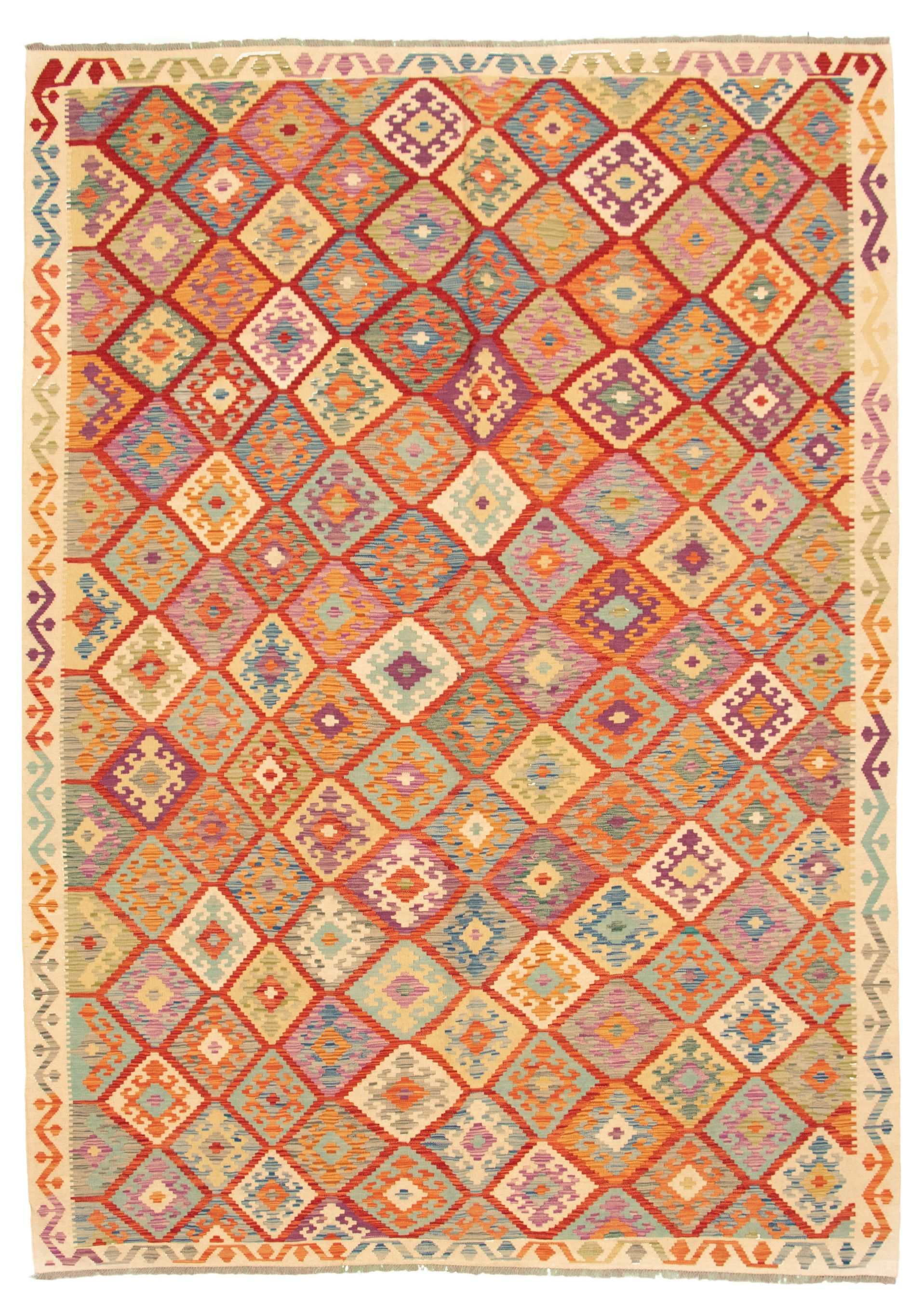 Hand woven Bold and Colorful  Ivory, Red Wool Kilim 8'6" x 11'7" Size: 8'6" x 11'7"  