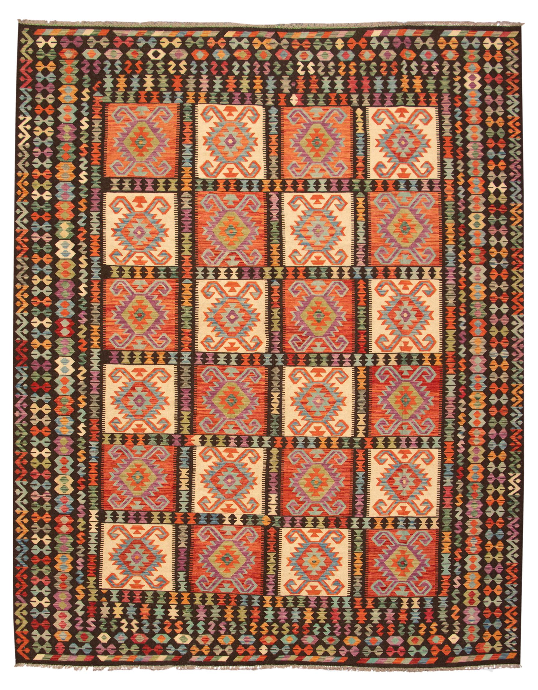 Hand woven Bold and Colorful  Black, Red Wool Kilim 10'0" x 12'8" Size: 10'0" x 12'8"  