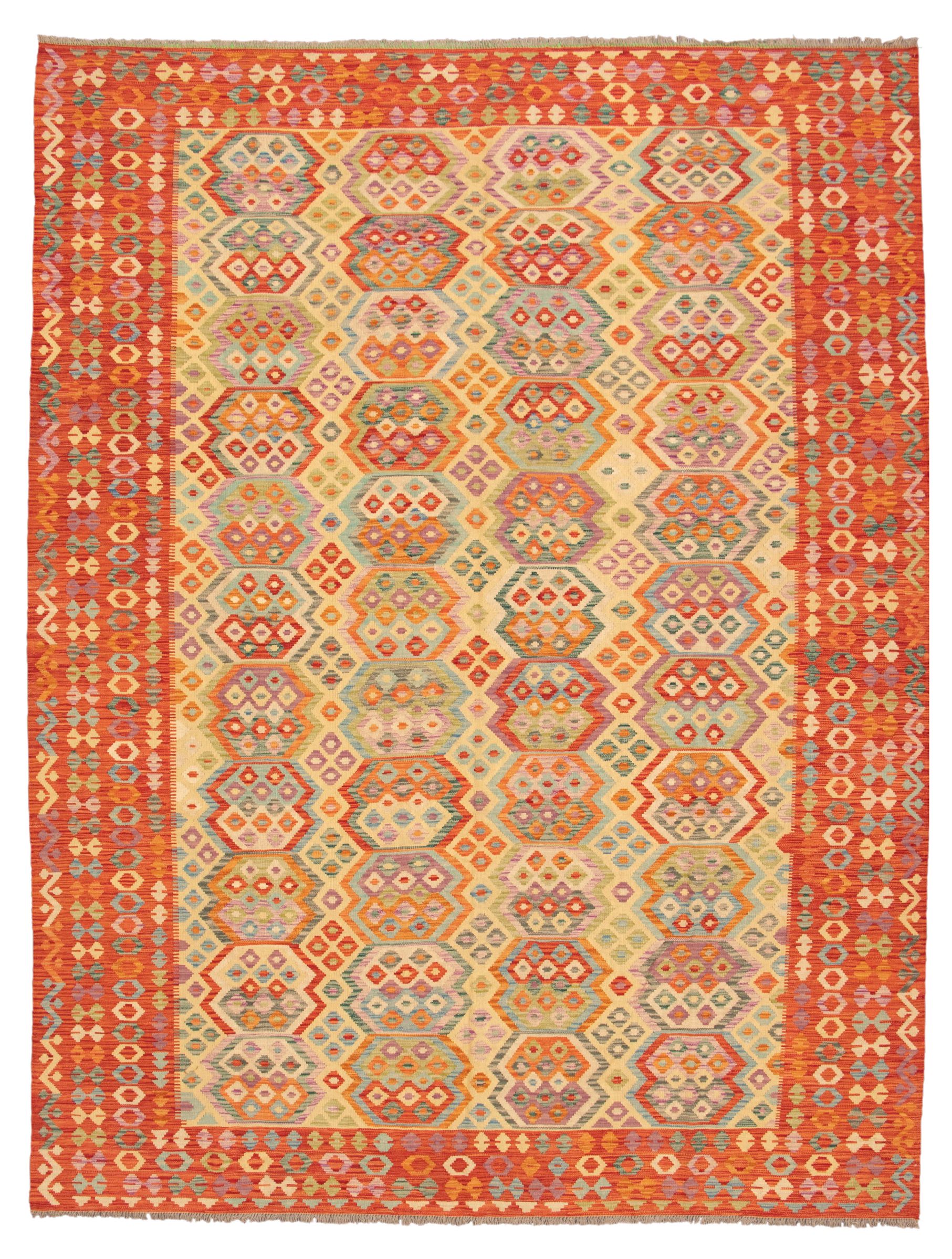Hand woven Bold and Colorful  Ivory, Red Wool Kilim 9'3" x 12'2" Size: 9'3" x 12'2"  