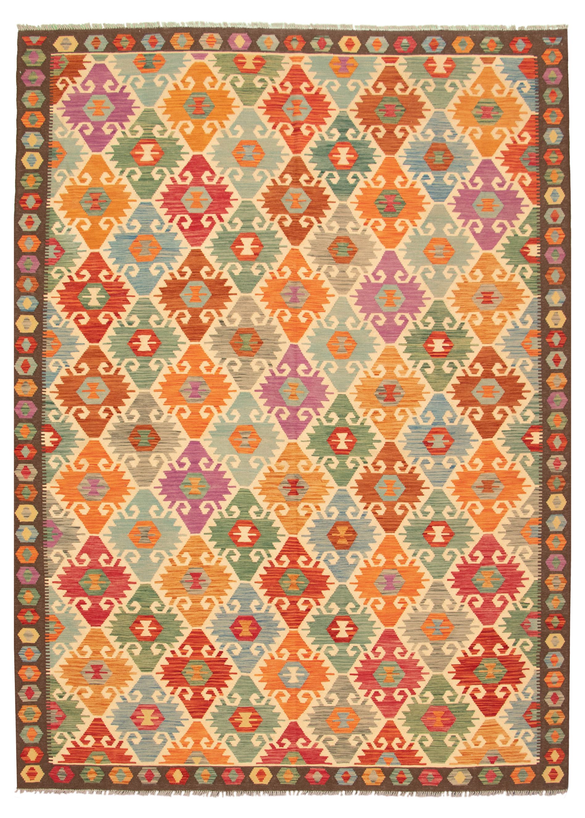 Hand woven Bold and Colorful  Copper, Ivory Wool Kilim 9'0" x 12'3" Size: 9'0" x 12'3"  