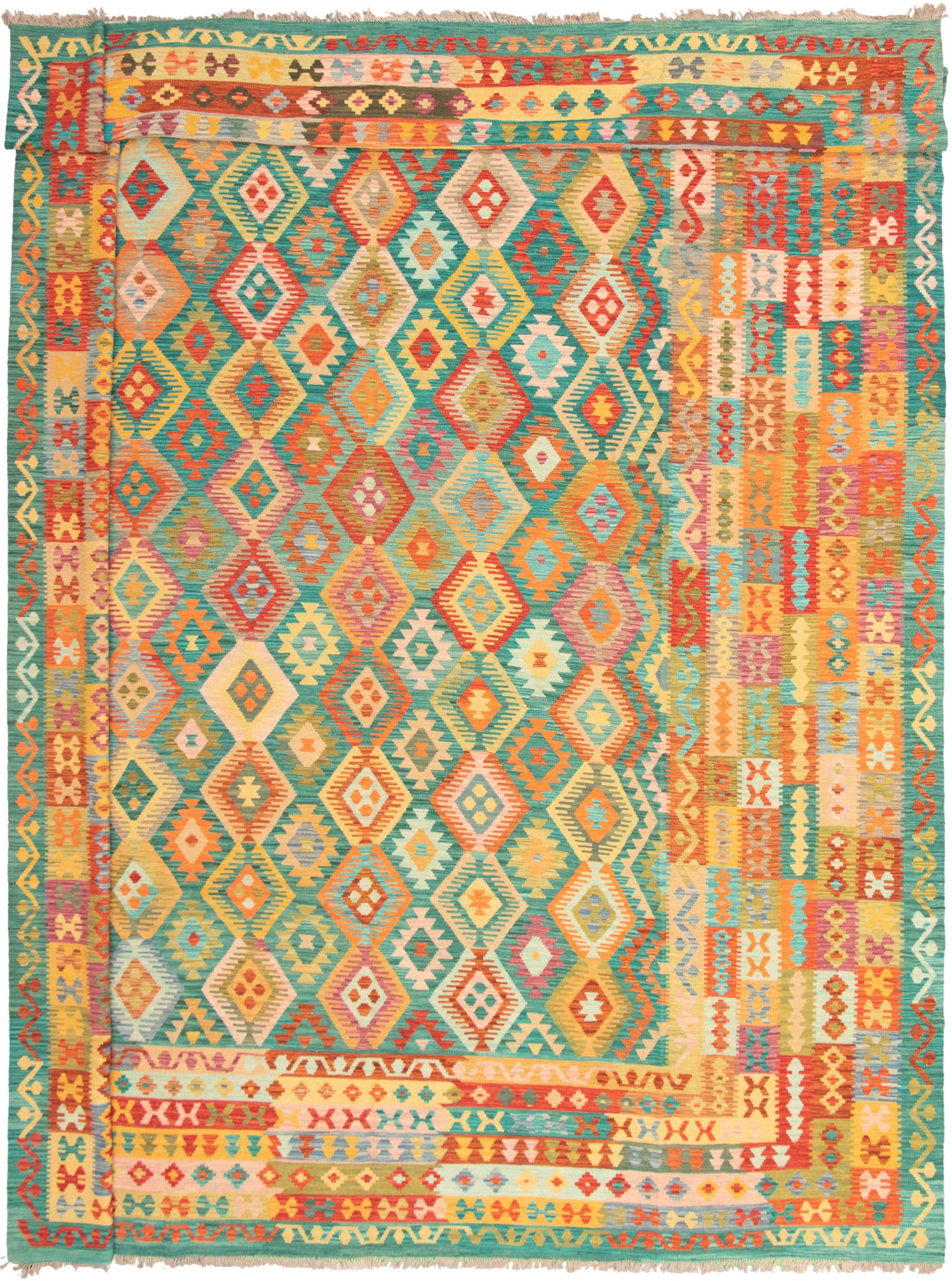 Hand woven Bold and Colorful  Teal Wool Kilim 13'2" x 16'5" Size: 13'2" x 16'5"  