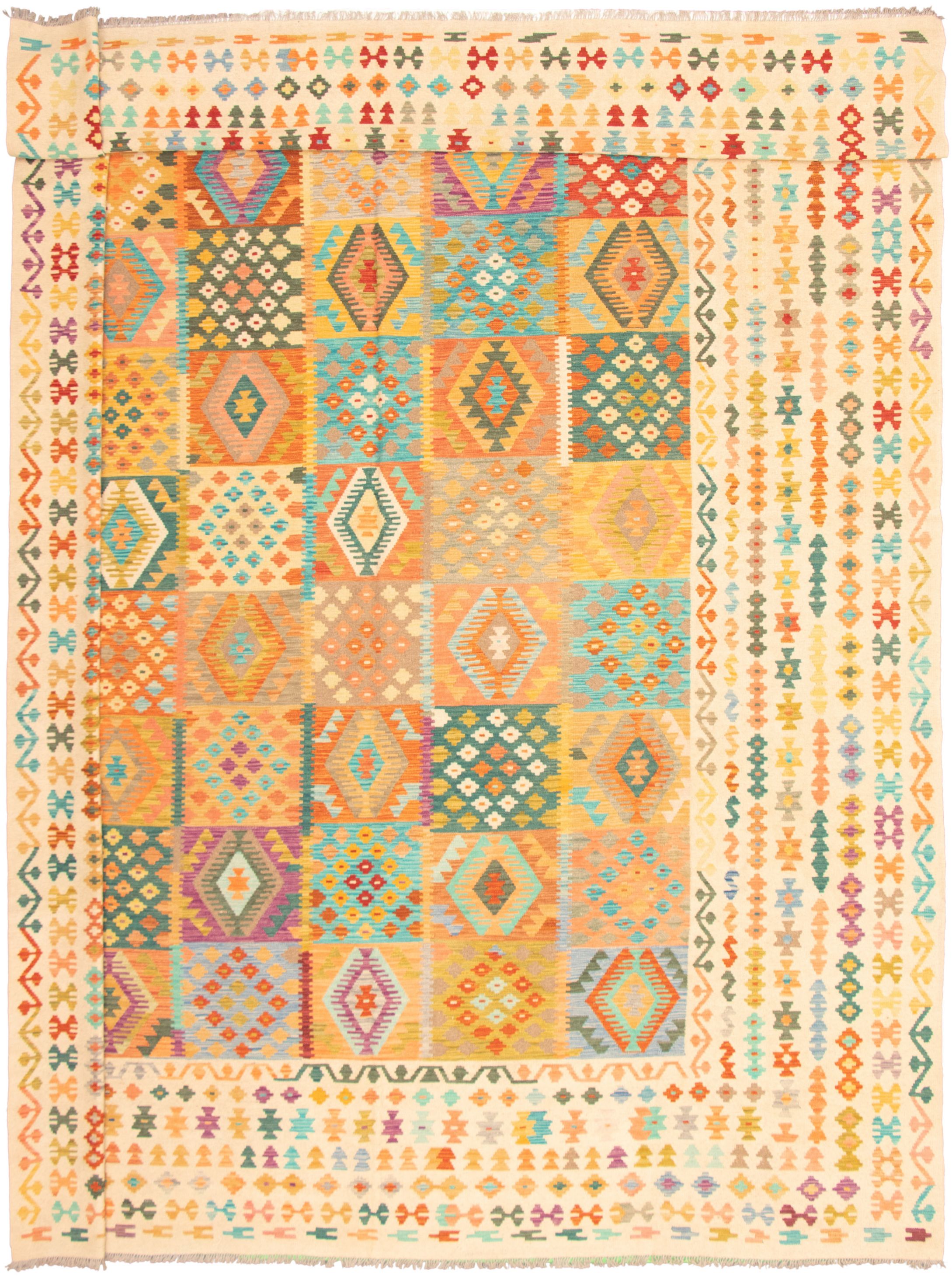 Hand woven Bold and Colorful  Ivory Wool Kilim 12'10" x 16'6" Size: 12'10" x 16'6"  