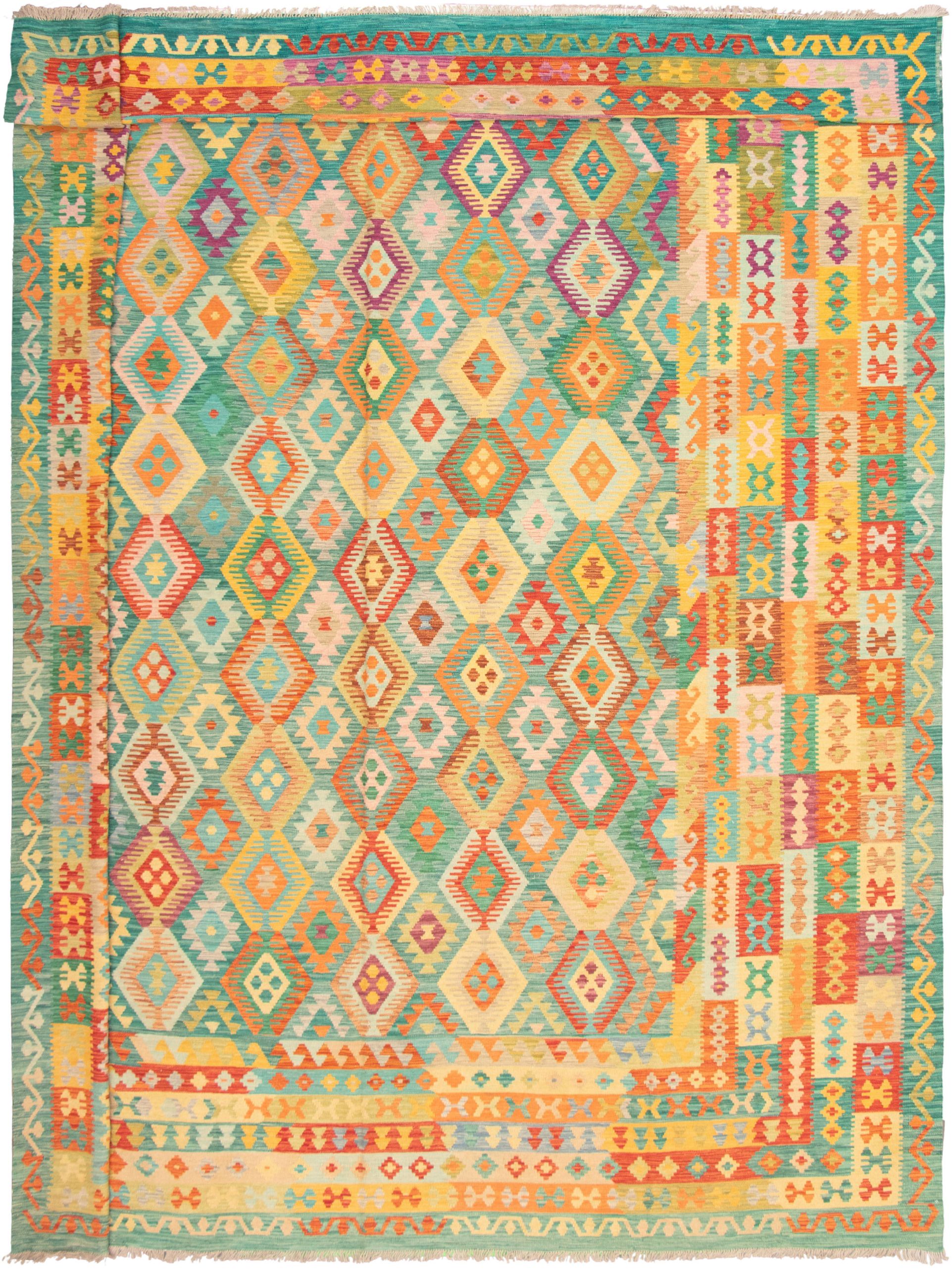 Hand woven Bold and Colorful  Teal Wool Kilim 13'0" x 16'4" Size: 13'0" x 16'4"  