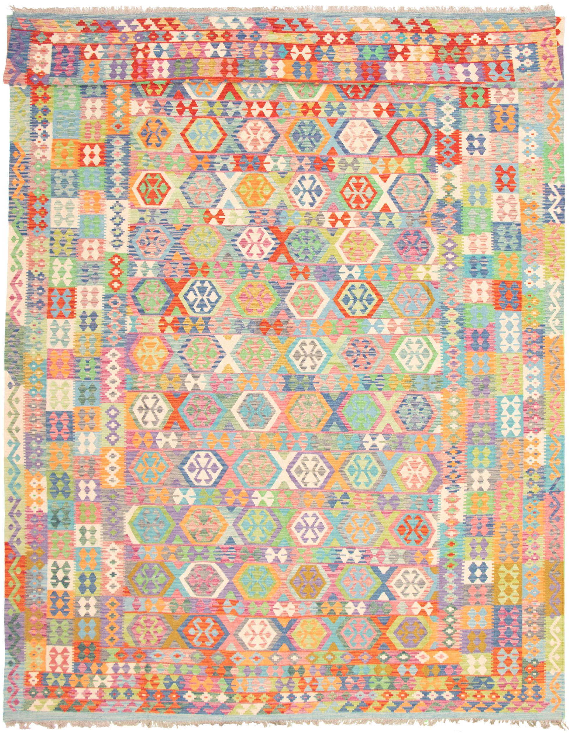 Hand woven Bold and Colorful  Turquoise Wool Kilim 10'4" x 16'2" Size: 10'4" x 16'2"  
