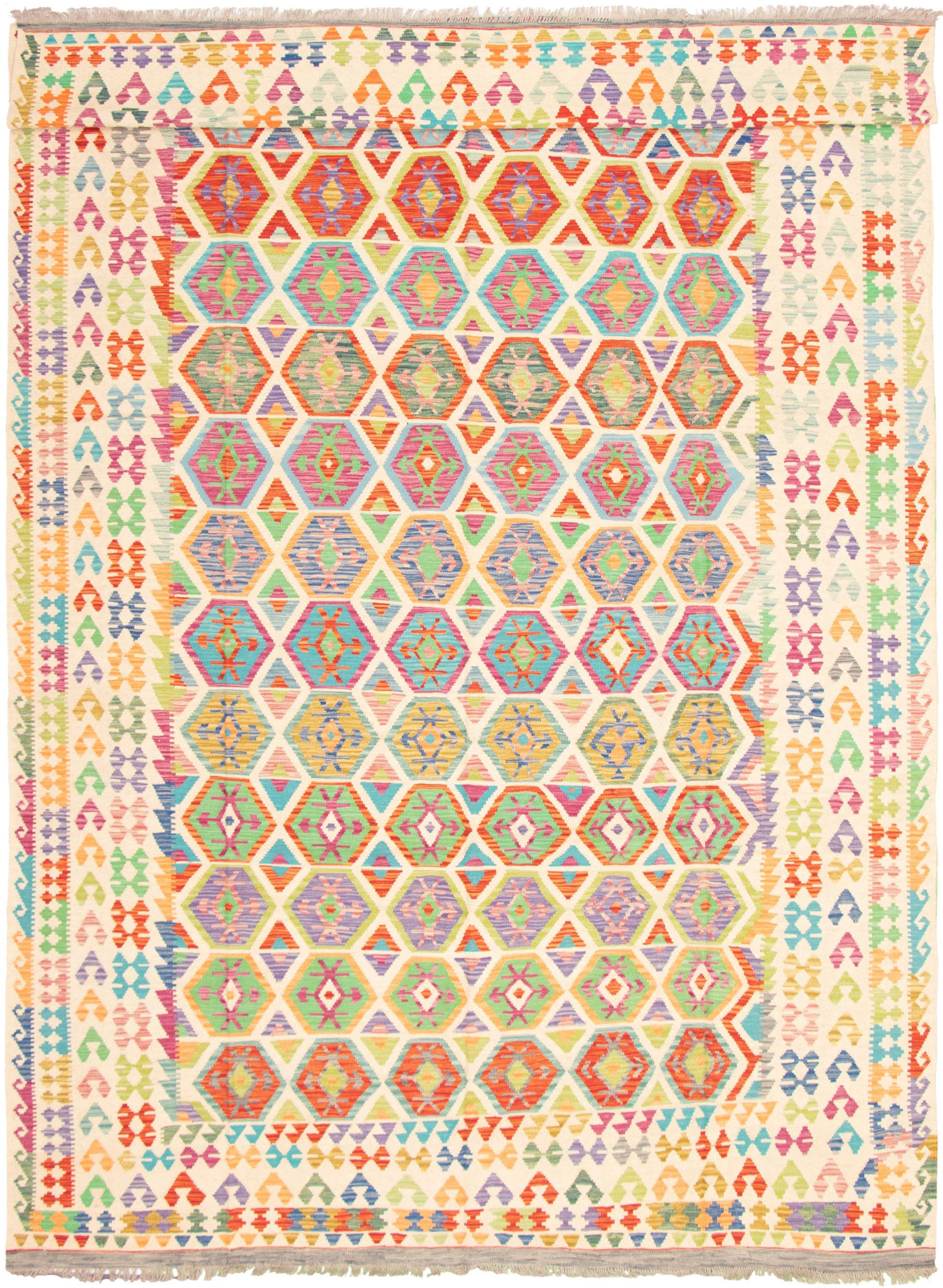 Hand woven Bold and Colorful  Ivory Wool Kilim 10'0" x 16'0" Size: 10'0" x 16'0"  