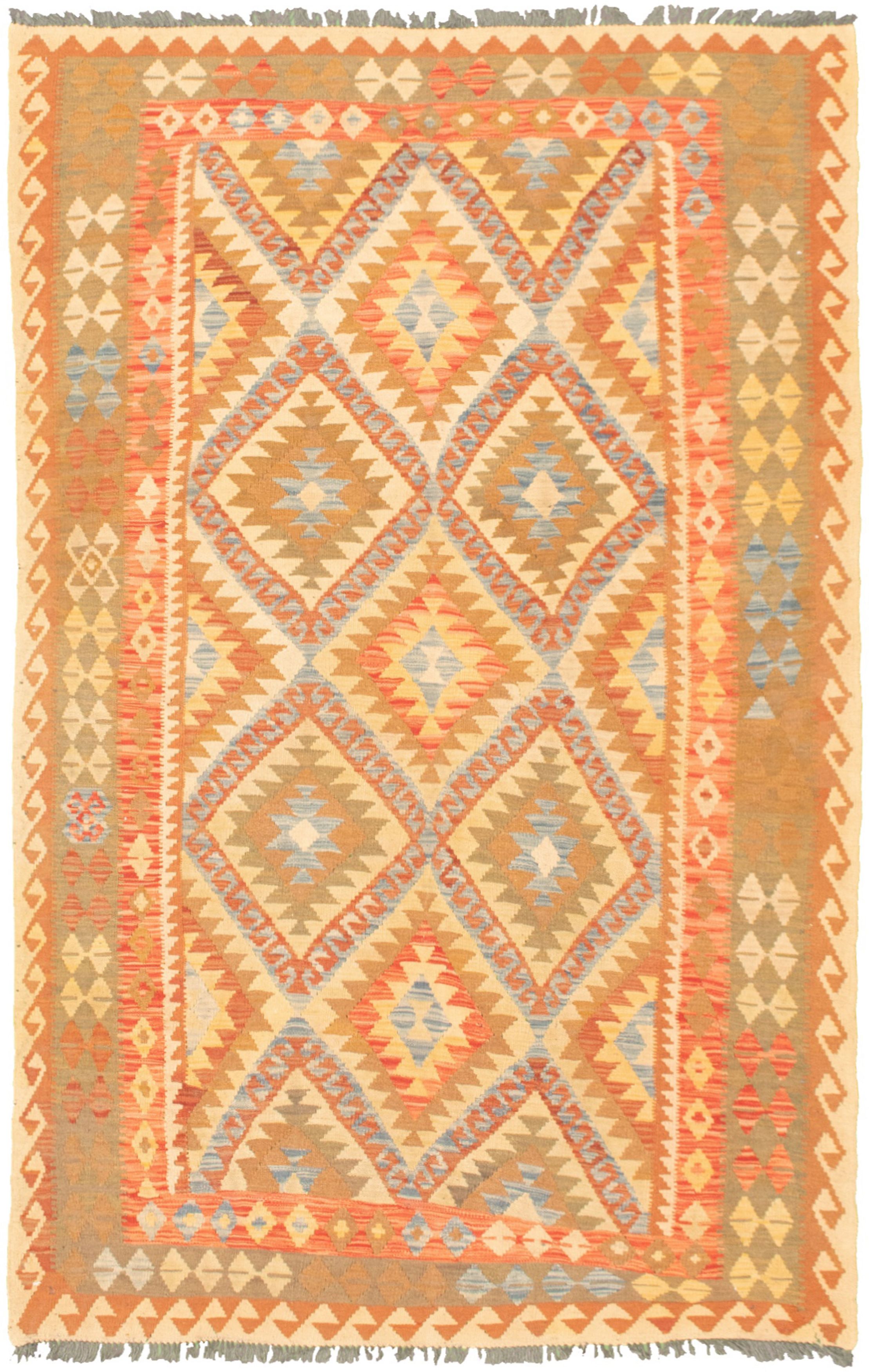 Hand woven Bold and Colorful  Brown  Kilim 5'1" x 8'4" Size: 5'1" x 8'4"  